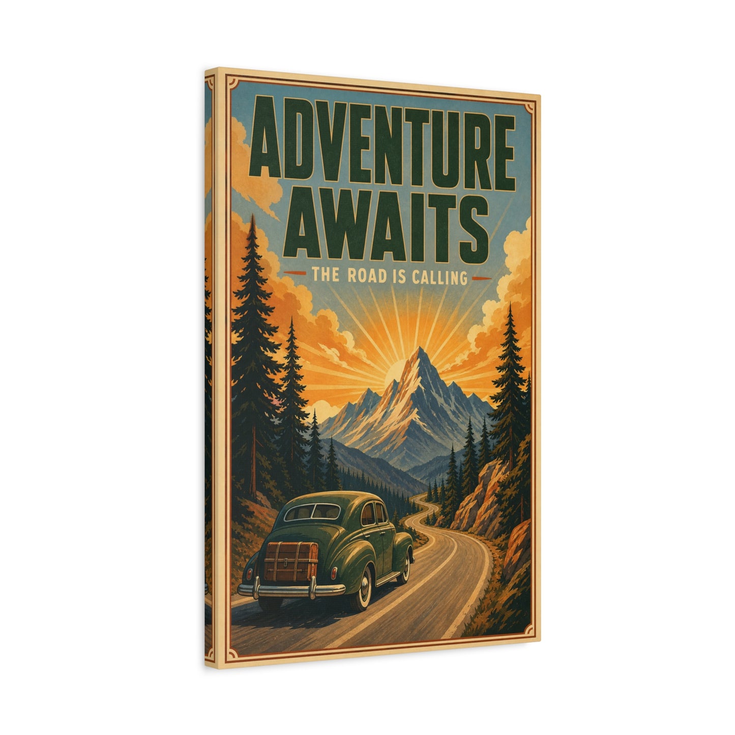 "Adventure Awaits The Road Is Calling" Vintage Travel Canvas Wall Art - Mountain Road Sunrise, Retro Car Poster Print - Adventure Decor, Living Room Wall Decor, Office Art - Bedroom Home Decoration