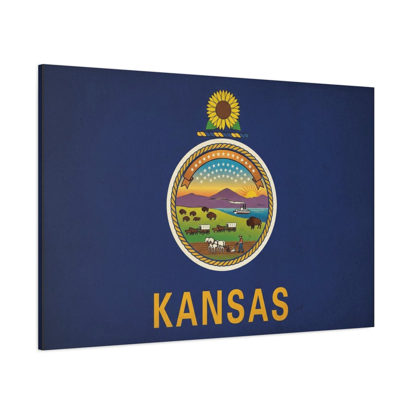 Kansas State Flag Canvas Wall Art - Sunflower Seal Prairie Buffalo Wagon Sunset Print - Vintage Blue Typography Decor - Living Room Wall Decor, Office Art, Dorm Accent - Bedroom Home Decoration