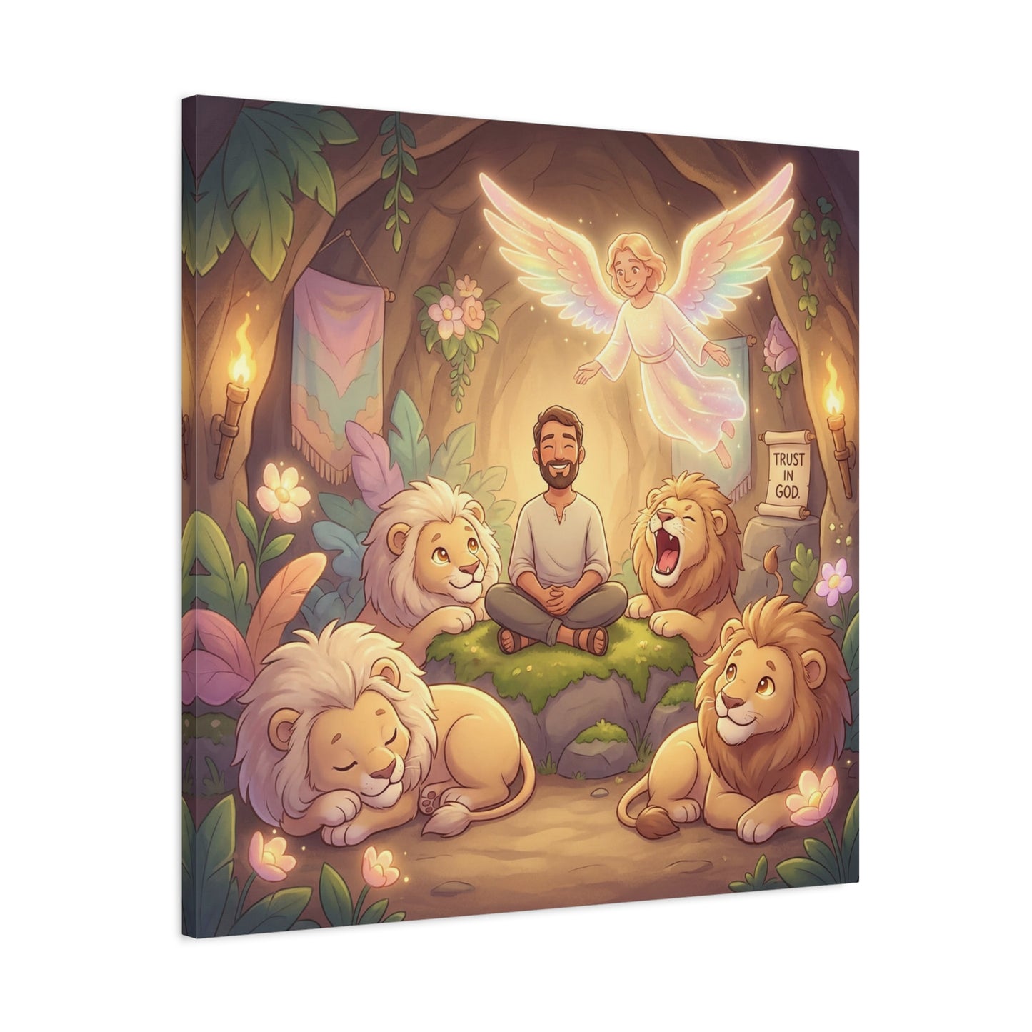 "Trust In God" Christian Canvas Wall Art - Angel, Man With Lions Cave Scene - Pastel Nursery Decor, Matte Cotton Print - Kids Bedroom Wall Decor, Playroom Home Decoration - Ready to Hang