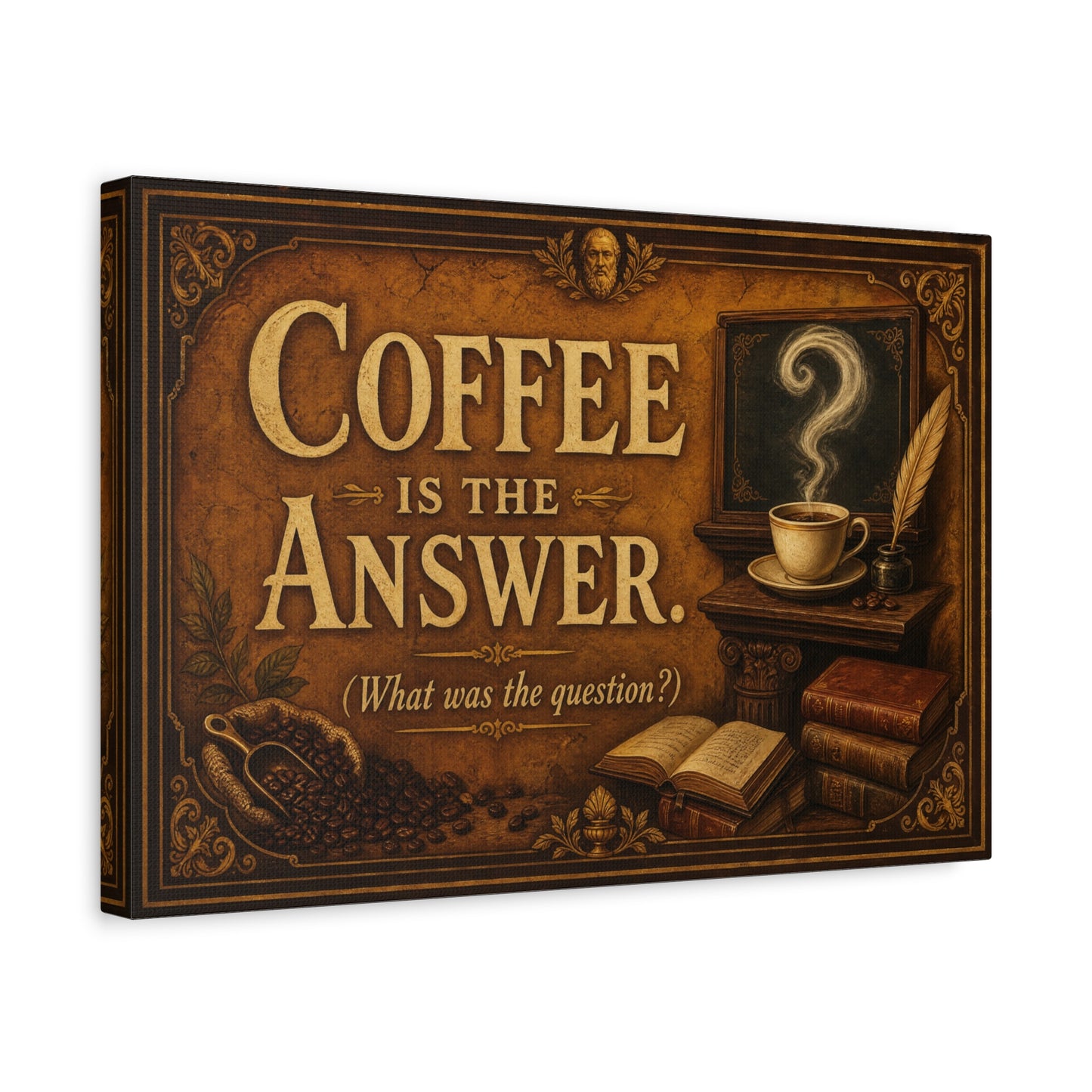 Coffee Is The Answer. What Was The Question Canvas Wall Art - Vintage Coffee Cup, Books, Bean Sack Decor - Rustic Typography Print - Cafe Interior, Study Room Decoration - Cafe Wall Art - Bistro Decor