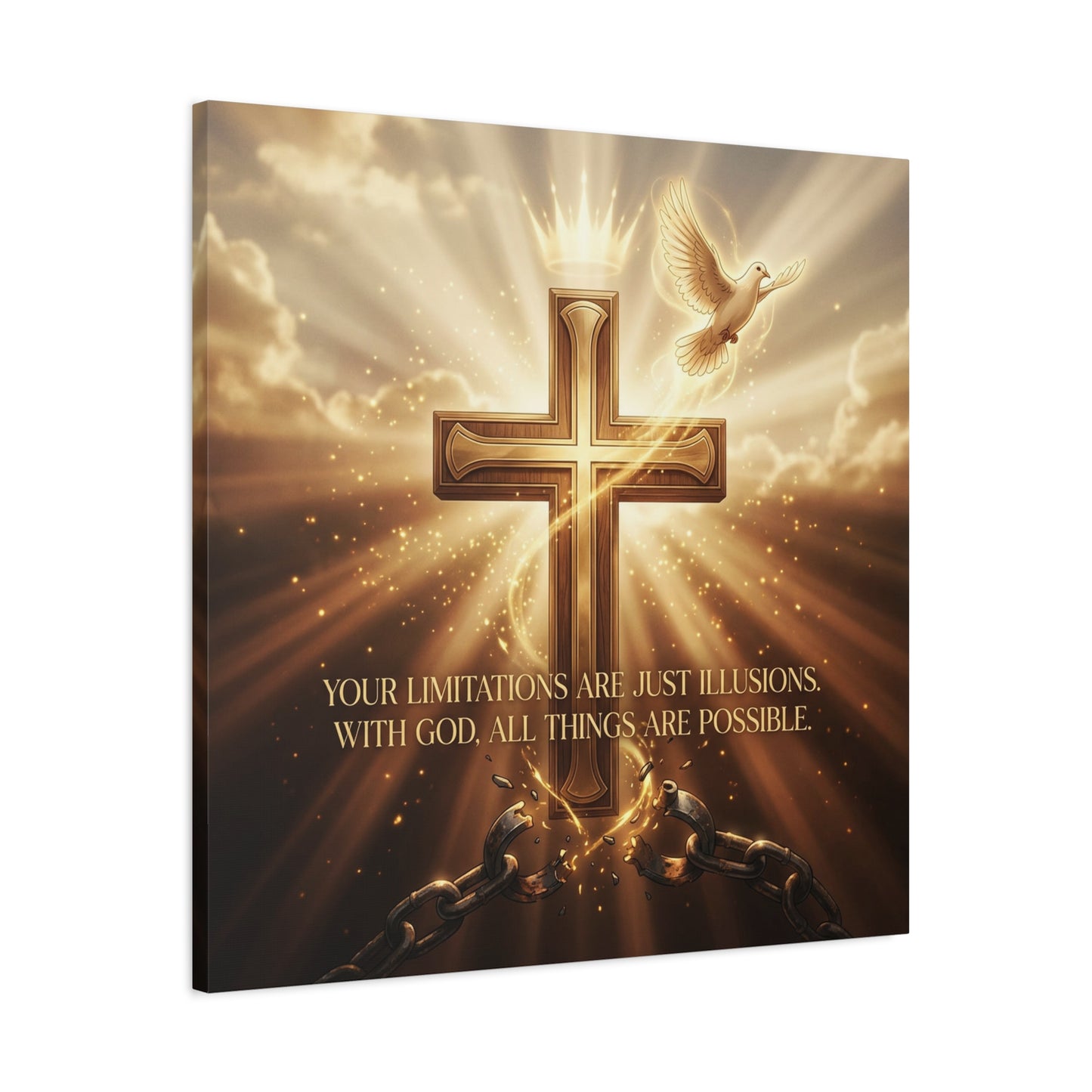 "Your Limitations Are Just Illusions. With God, All Things Are Possible." Christian Canvas Wall Art - Glowing Cross, White Dove, Crown, Broken Chains - Gold Religious Wall Decor For Living Room