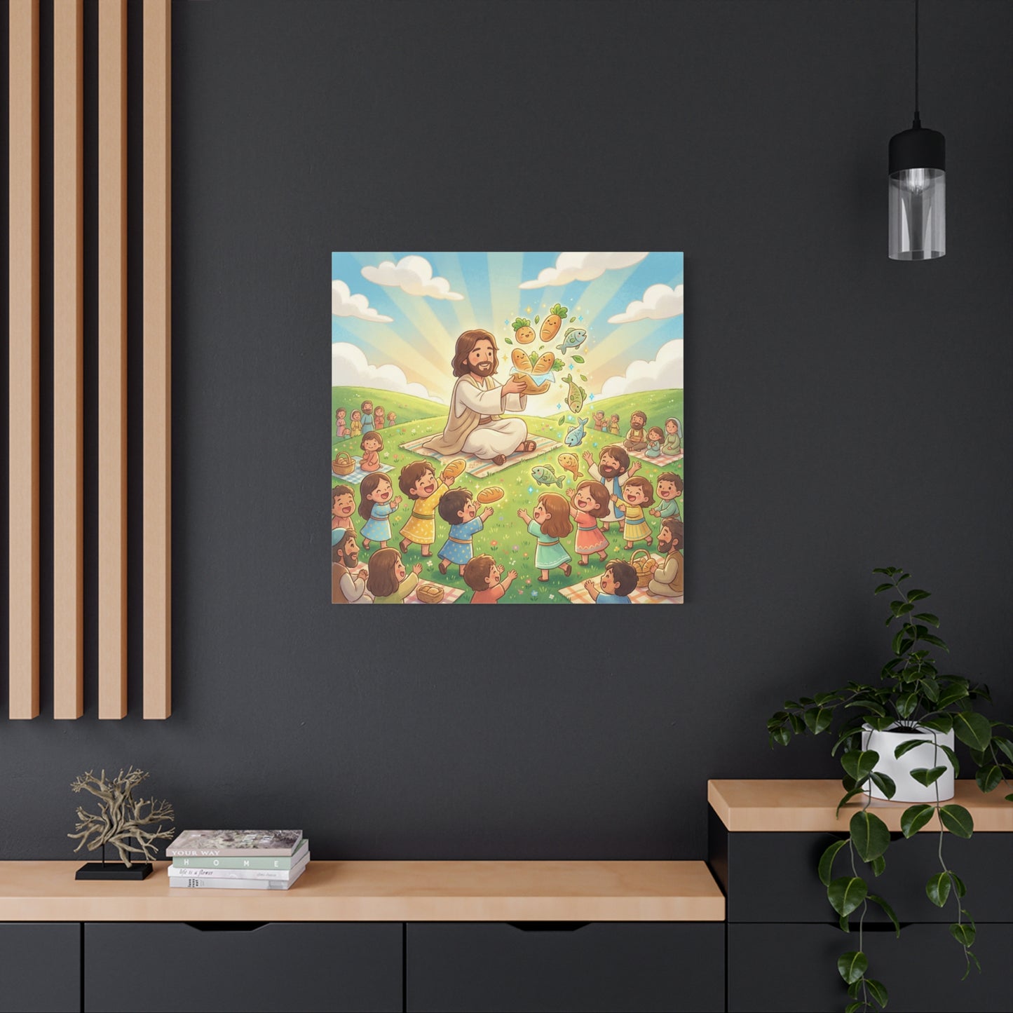 Jesus Feeding Multitude Canvas Wall Art - Loaves And Fish Bible Scene, Christian Nursery Decor - Matte Cotton Print, Kids Room Wall Decor, Sunday School Classroom - Bedroom Home Decoration