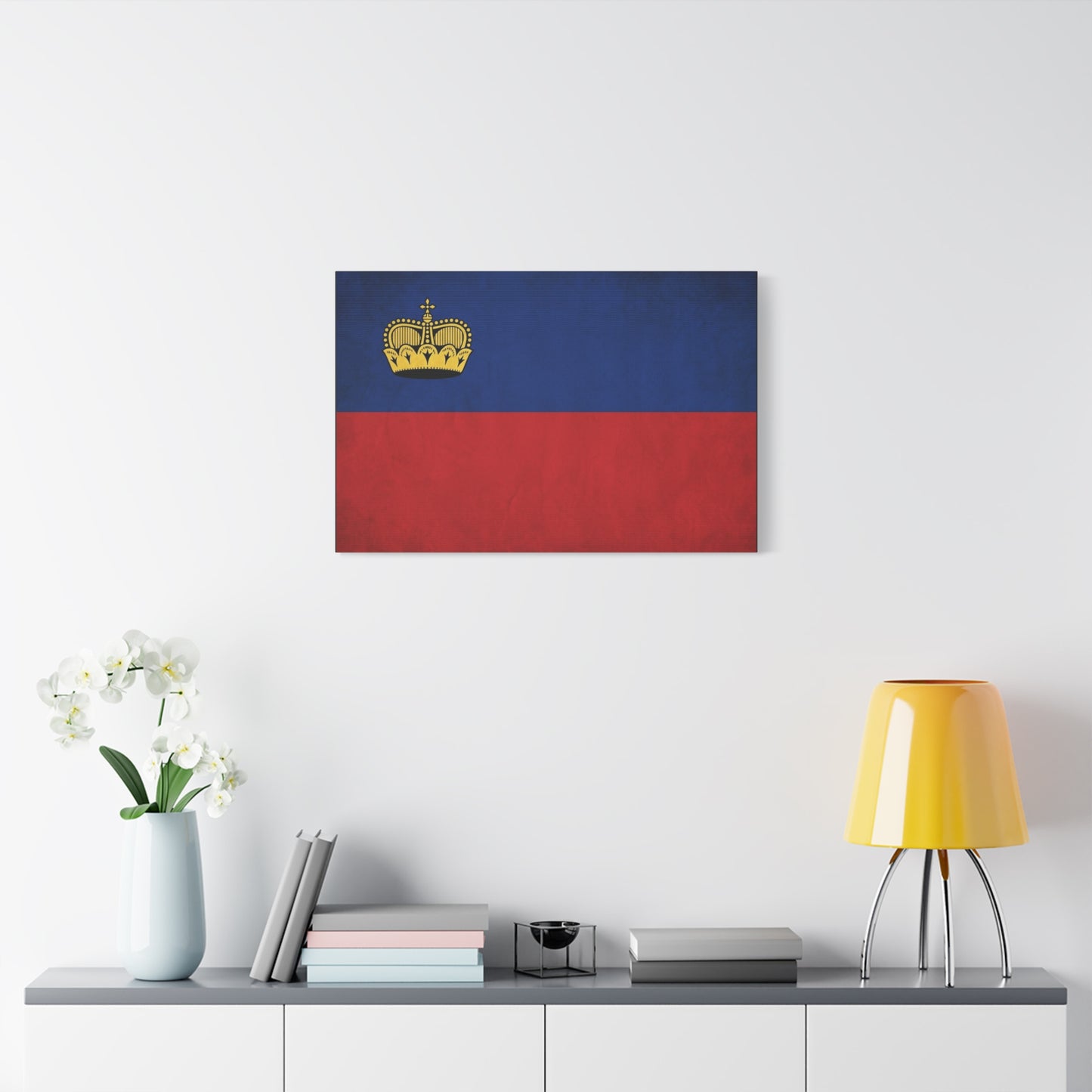 Liechtenstein Flag Canvas Wall Art - Blue Red Banner With Gold Crown - Minimalist National Print, Cotton Canvas Decor - Living Room Wall Decor, Bedroom Home Decoration - Bedroom Home Decoration