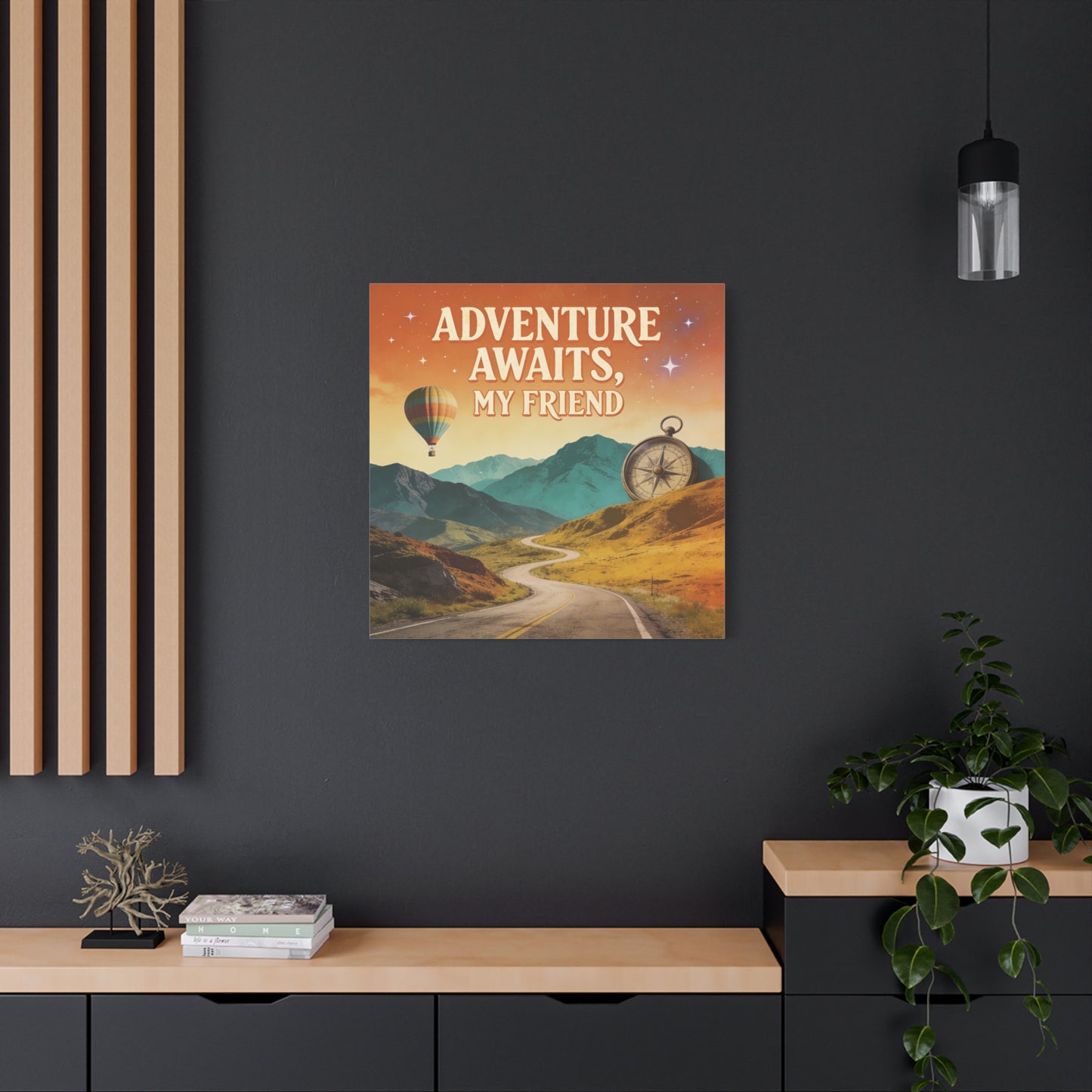 "Adventure Awaits, My Friend" Inspirational Canvas Art Print - Mountain Road, Hot Air Balloon, Compass - Vintage Travel Style, Office Decor, Workspace Accent, Lobby Display, Motivational Art