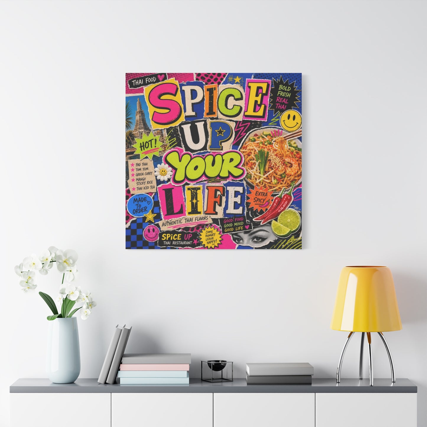 "Spice Up Your Life" Canvas Wall Art - Thai Food Pop Art Collage, Typography Print, Neon Color Street Poster Style, Cafe Decor, Dining Room Accent, Kitchen Wall Hanging, Contemporary - Ready to Hang