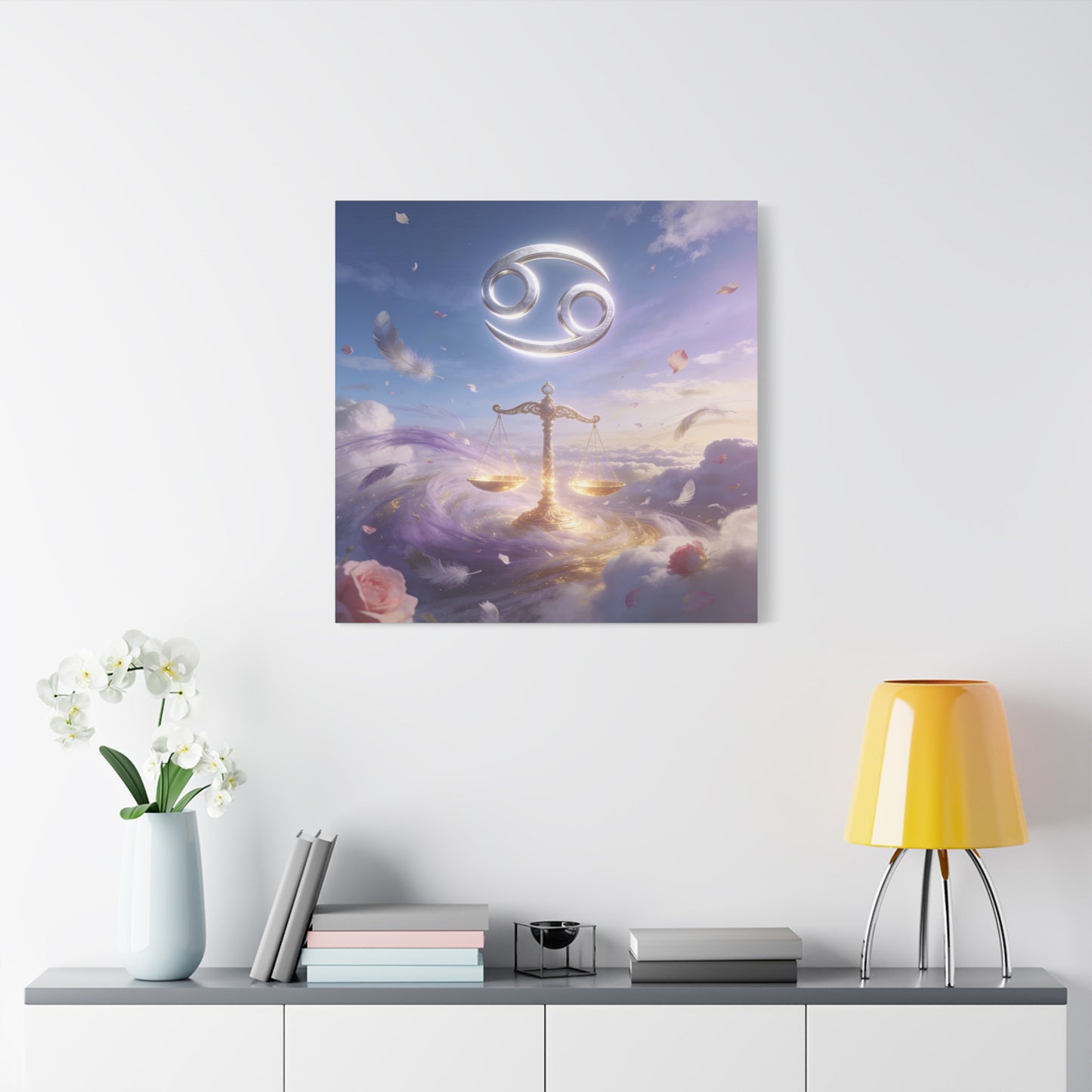 Cancer Zodiac Canvas Wall Art - Celestial Crab Symbol, Golden Libra Scales, Dreamy Sky - Matte Canvas Print, Contemporary Astrology Decor - Bedroom Wall Accent, Meditation Space - Ready to Hang