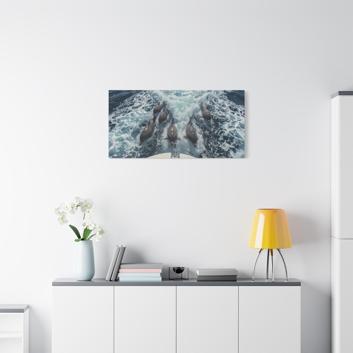 Dolphin Pod Canvas Wall Art, Ocean Wildlife Print Picture - Blue Sea Foam Art Print, Coastal Style, Living Room Wall Decor, Bedroom Home Decoration, Vacation Rental Accent - Bedroom Home Decoration