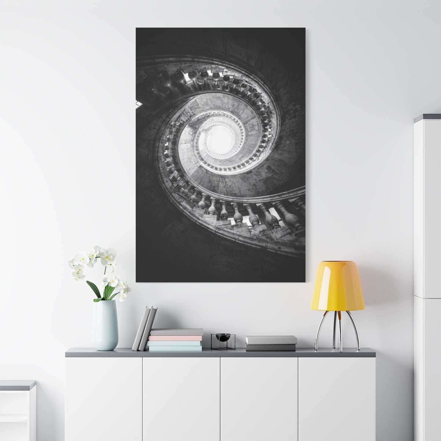 Spiral Staircase Canvas Wall Art - Black And White Architectural Art Print - Dramatic Stone Rotunda, Contemporary Interior Decor - Living Room Wall Decor, Office Art - Bedroom Home Decoration
