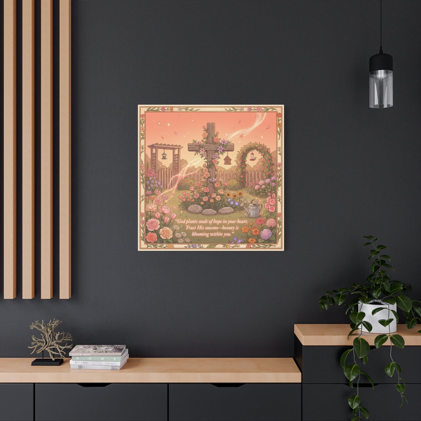 "God Plants Seeds Of Hope In Your Heart" Christian Canvas Wall Art - Floral Cross Garden Scripture Print, Matte Cotton Decor - Inspirational Bedroom Home Decoration, Living Room Accent - Ready to Hang