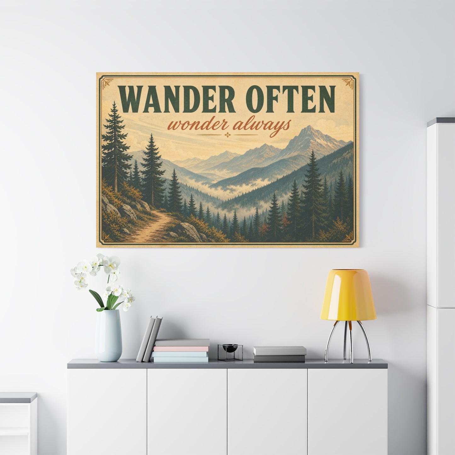 "Wander Often Wonder Always" Mountain Canvas Wall Art - Vintage Forest Landscape Quote Decor, Rustic Matte Print, Cabin Style Living Room Wall Decor, Bedroom Home Decoration - Bedroom Home Decoration