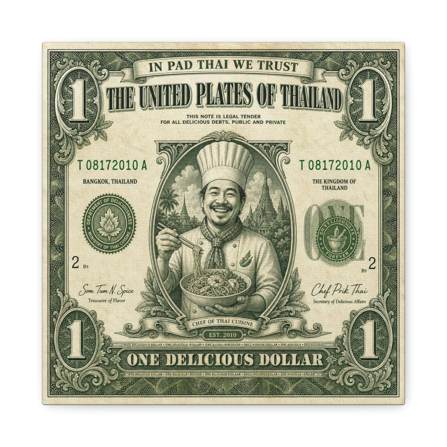 "In Pad Thai We Trust" Typography Canvas Wall Art - Vintage Thai Currency Illustration, Chef Portrait, Bangkok Thailand Food Poster Style - Kitchen Wall Decor, Dining Room Accent - Ready to Hang