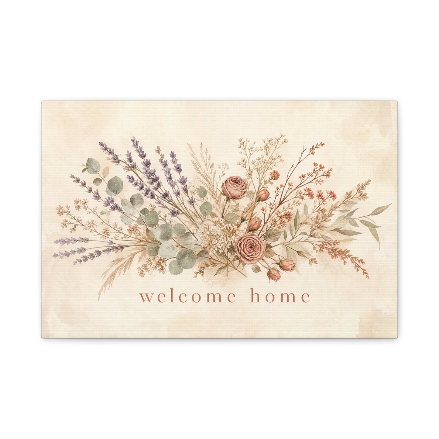 "Welcome Home" Floral Canvas Wall Art - Rustic Botanical Bouquet, Lavender Rose Eucalyptus Print - Farmhouse Wall Decor, Entryway Home Decoration - Ready to Hang - Modern Farmhouse Style