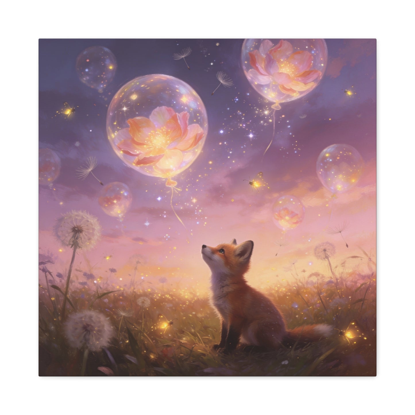 Fox Canvas Wall Art - Whimsical Fox Under Floral Balloons, Dreamy Twilight Meadow Canvas Print - Pastel Fantasy Style, Living Room Wall Decor, Bedroom Home Decoration - Bedroom Home Decoration
