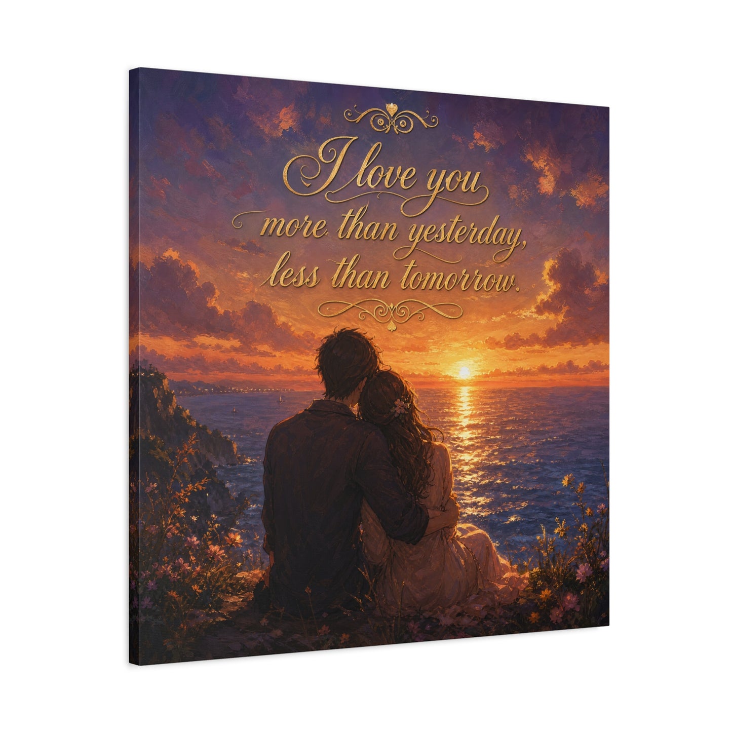 "I Love You More Than Yesterday, Less Than Tomorrow." Love Quote Canvas Wall Art - Romantic Sunset Ocean Couple Silhouette - Gold Script Seascape - Bedroom Wall Decor - Ready to Hang - Ready to Hang