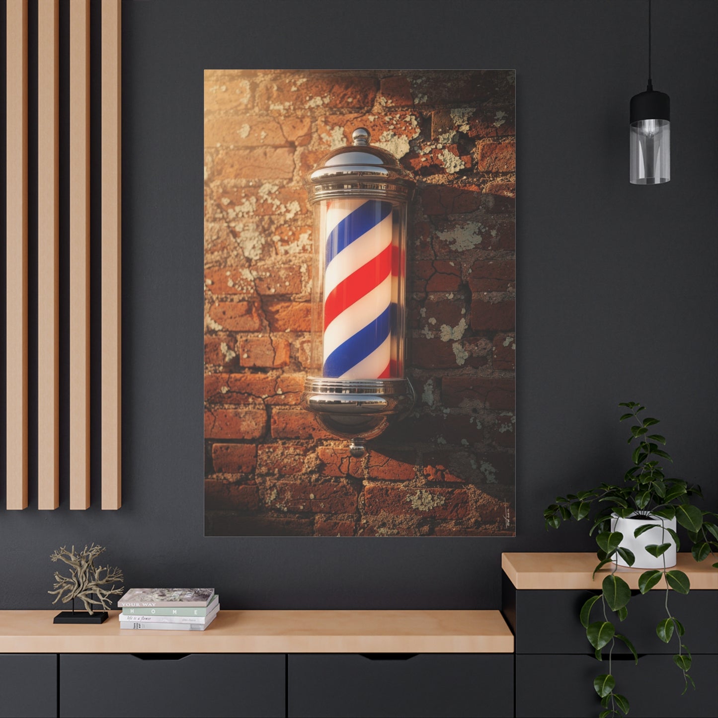 Vintage Barber Pole Canvas Wall Art - Rustic Brick Wall Art Print, Red Blue White Stripe Shop Decor - Matte Cotton Art Print - Barbershop Interior Accent, Lobby Workspace Styling - Ready to Hang