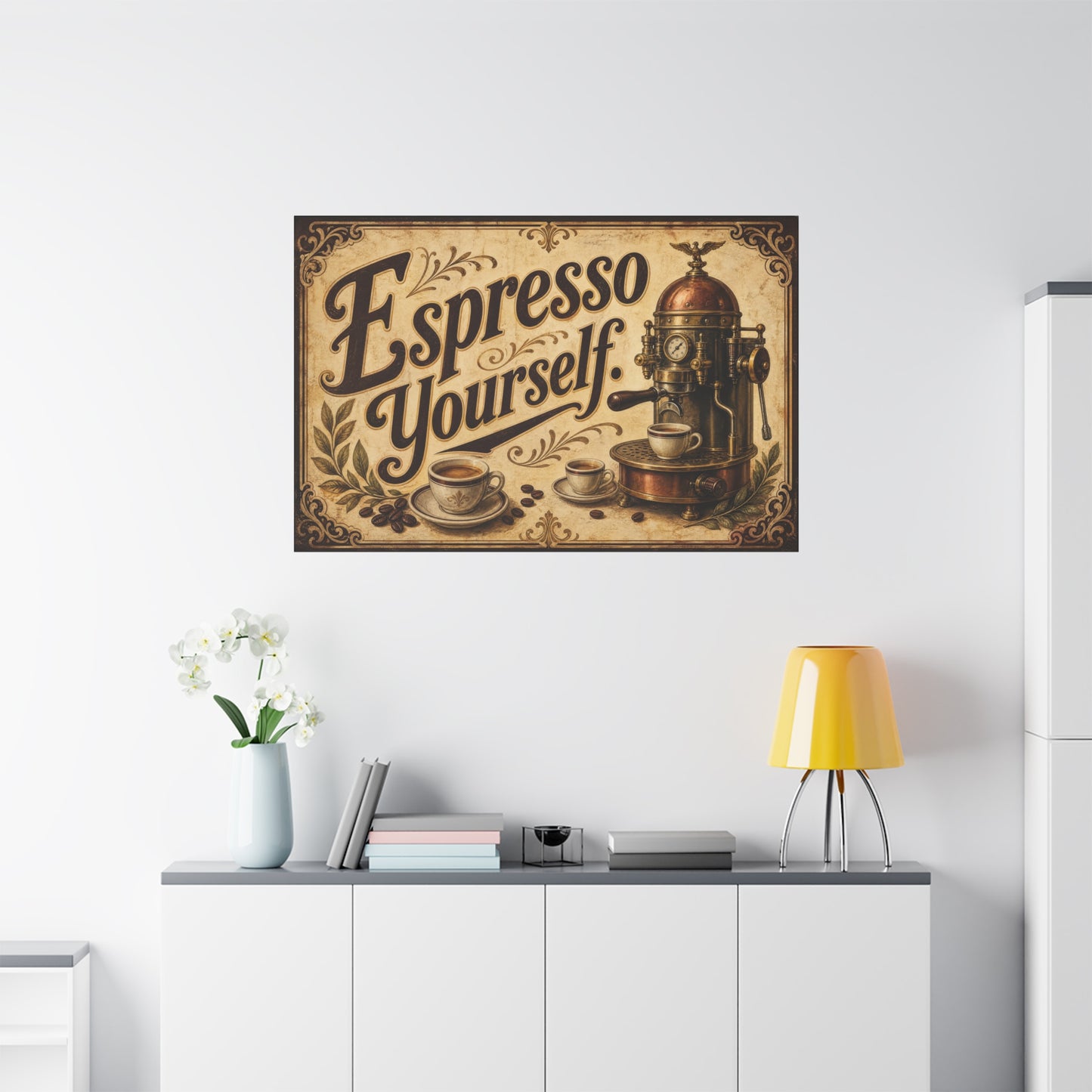 "Espresso Yourself" Coffee Canvas Wall Art - Vintage Espresso Machine Decor - Rustic Cafe Style Matte Print - Ready to Hang - Ready to Hang - Coffee Shop Decor - Cafe Wall Art - Gallery Wrapped Canvas