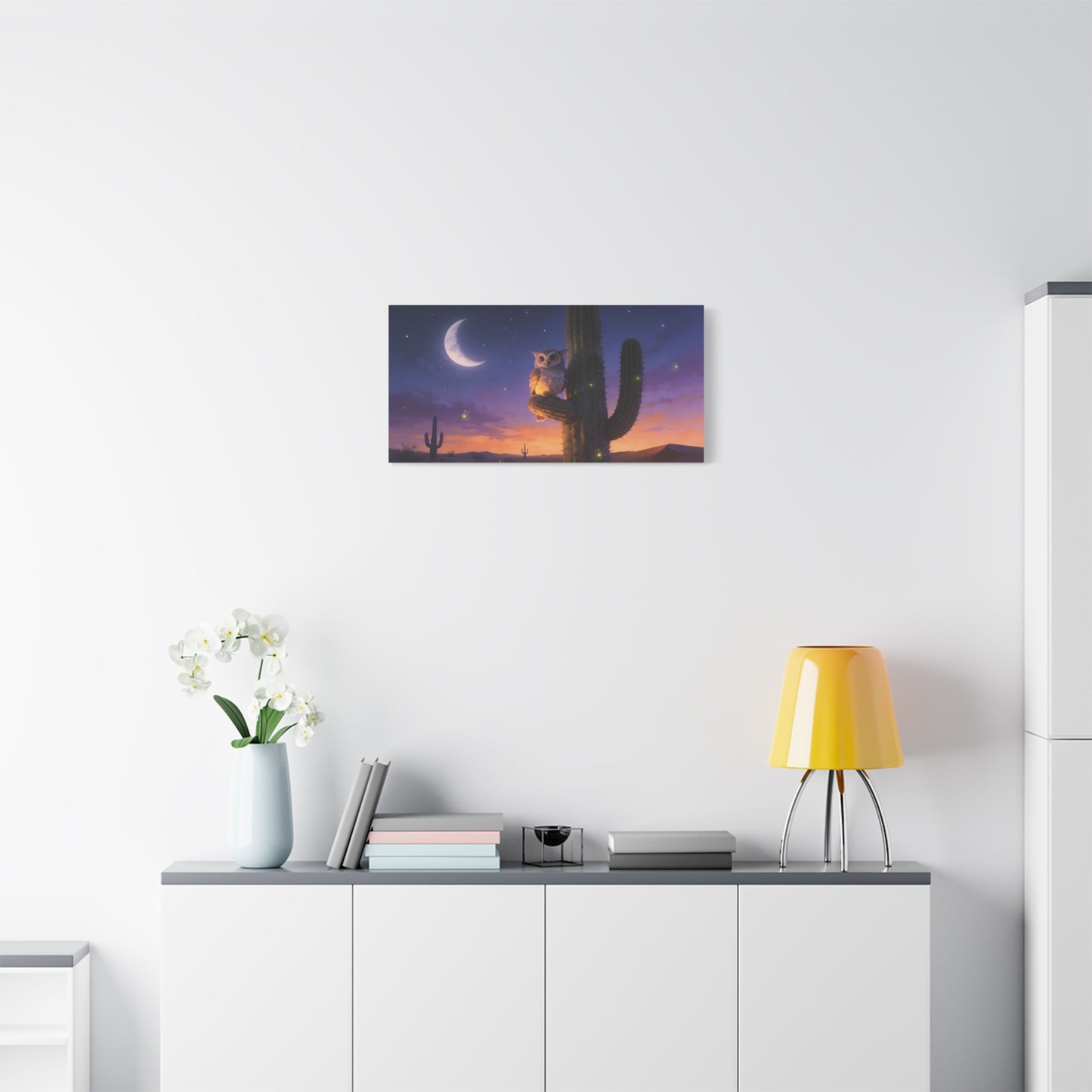 Owl On Saguaro Cactus Canvas Wall Art - Moonlit Desert Night Sky, Fireflies, Twilight Landscape - Matte Cotton Print - Contemporary Wildlife Style - Bedroom Living Room Decor - Living Room Wall Decor