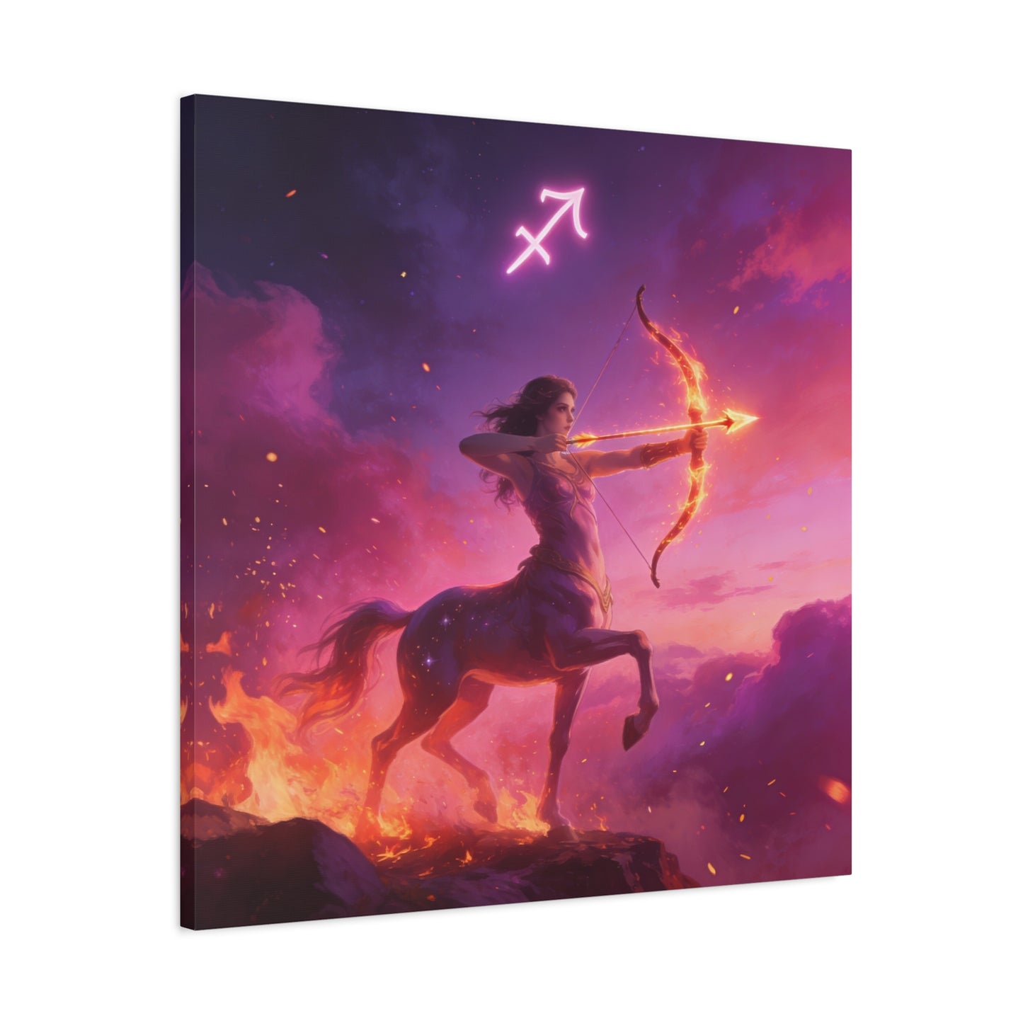Sagittarius Centaur Archer Canvas Wall Art - Zodiac Fantasy Fire Bow Illustration - Purple Pink Matte Canvas Print - Bedroom Home Decoration, Living Room Wall Decor, Celestial Decor - Ready to Hang