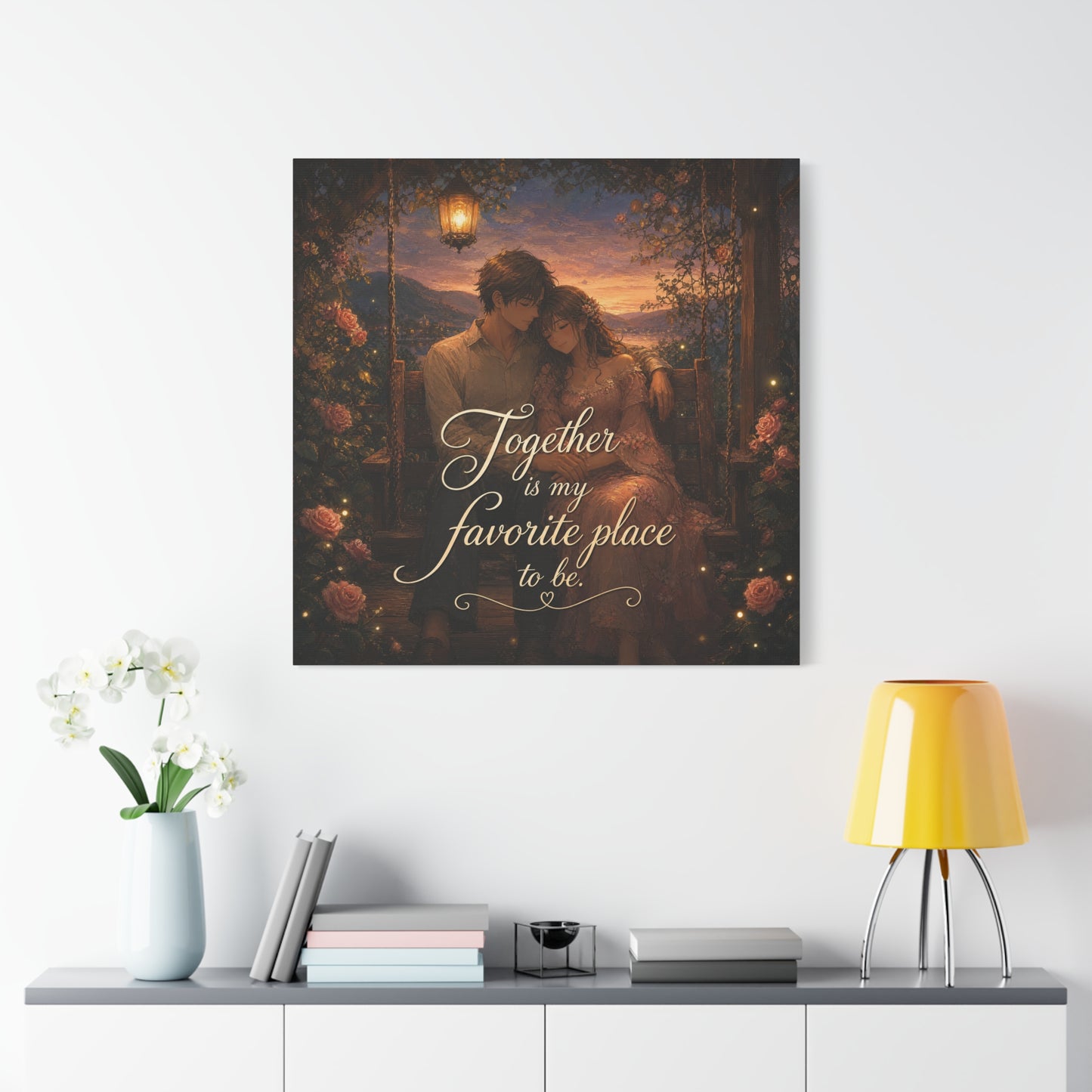 "Together Is My Favorite Place To Be" Romantic Couple Canvas Wall Art - Lantern Swing Sunset Lake Scene, Floral Garden Love Quote Print - Vintage Bedroom Decor - Office Wall Art - Ready to Hang