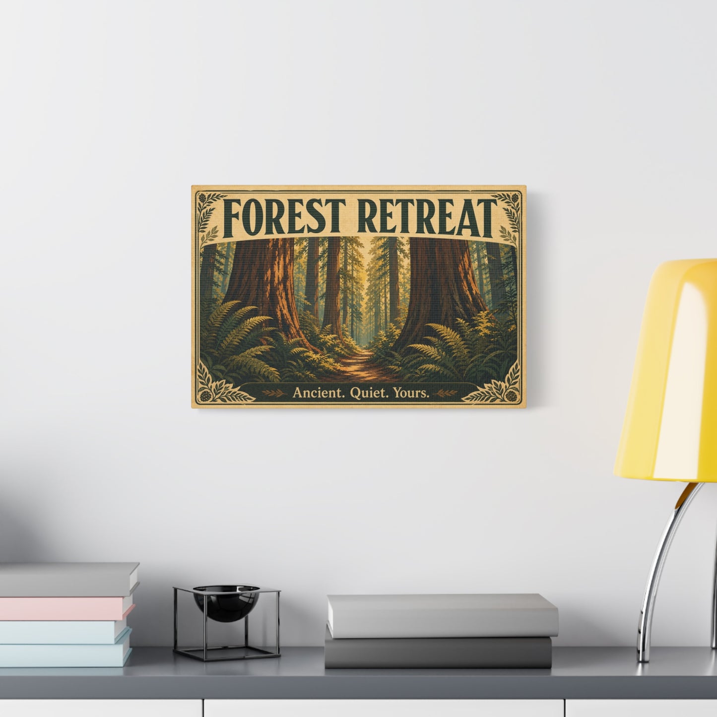 "Forest Retreat" Canvas Wall Art - Vintage Redwood Forest Path Print, Rustic Woodland Home Decor - Ancient. Quiet. Yours. - Cabin Style Living Room Decoration, Bedroom Wall Hanging - Ready to Hang