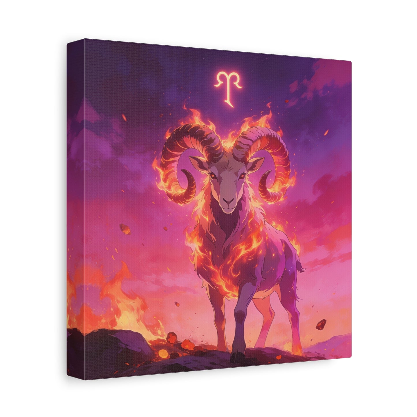 Aries Ram Canvas Wall Art - Fiery Zodiac Illustration, Purple Pink Flame Sky, Matte Canvas Print, Modern Fantasy Style, Bedroom Wall Decor, Home Office Accent, Statement Piece For Astrology Lovers