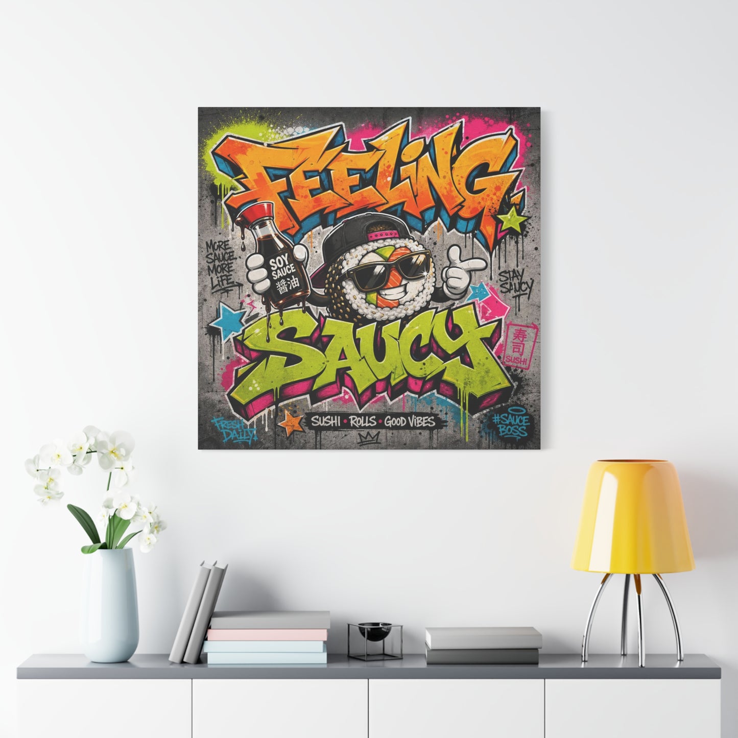 "Feeling Sauce" Graffiti Canvas Wall Art - Sushi Roll Street Illustration, Urban Pop Typography, Matte Cotton Print, Contemporary Decor for Kitchen Nook, Dining Space, Cafe Interior Accent