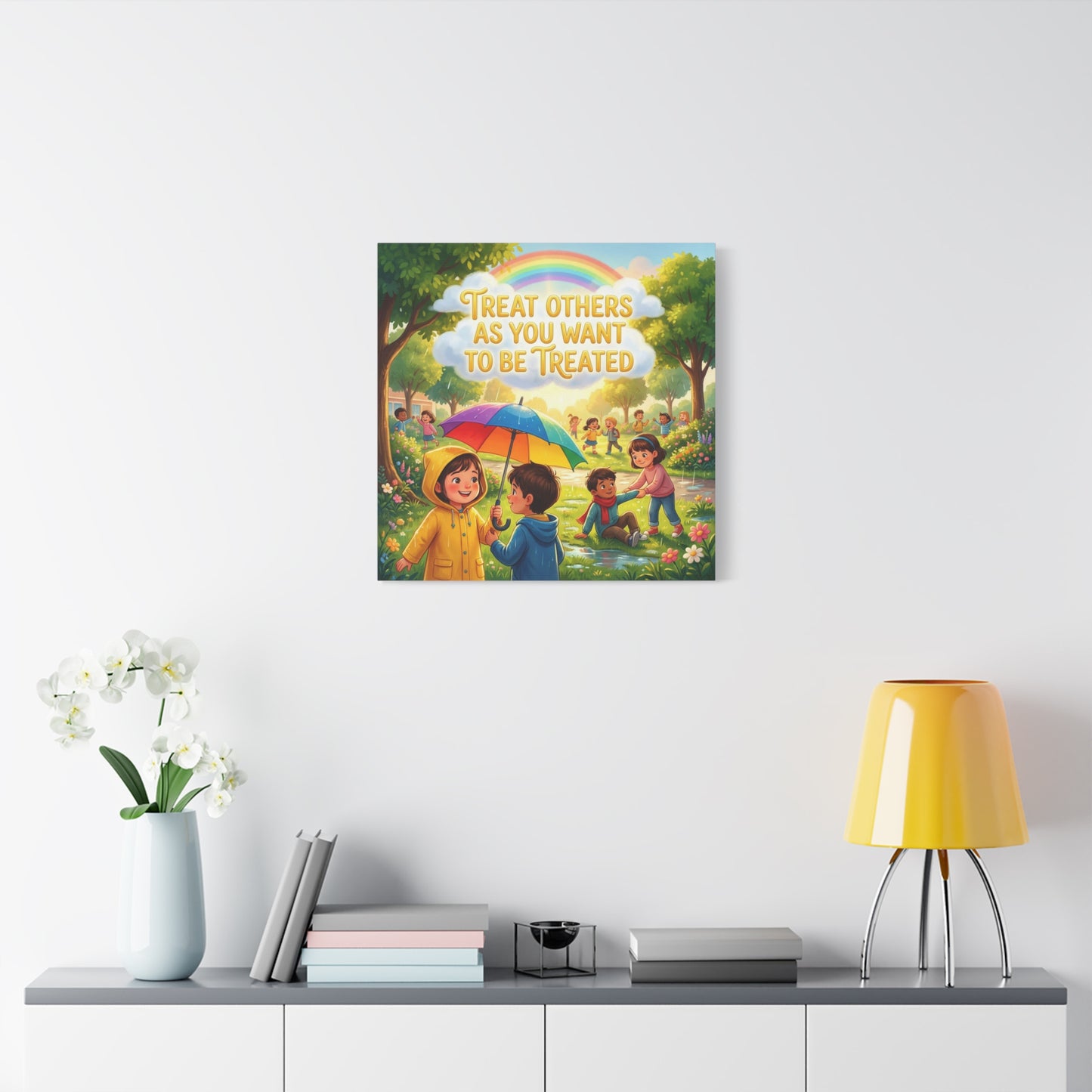 "Treat Others As You Want To Be Treated" Kids Canvas Wall Art - Rainbow Umbrella Kindness Quote Print - Colorful Classroom Decor - Nursery Playroom Bedroom Home Decoration - Bohemian Wall Hanging
