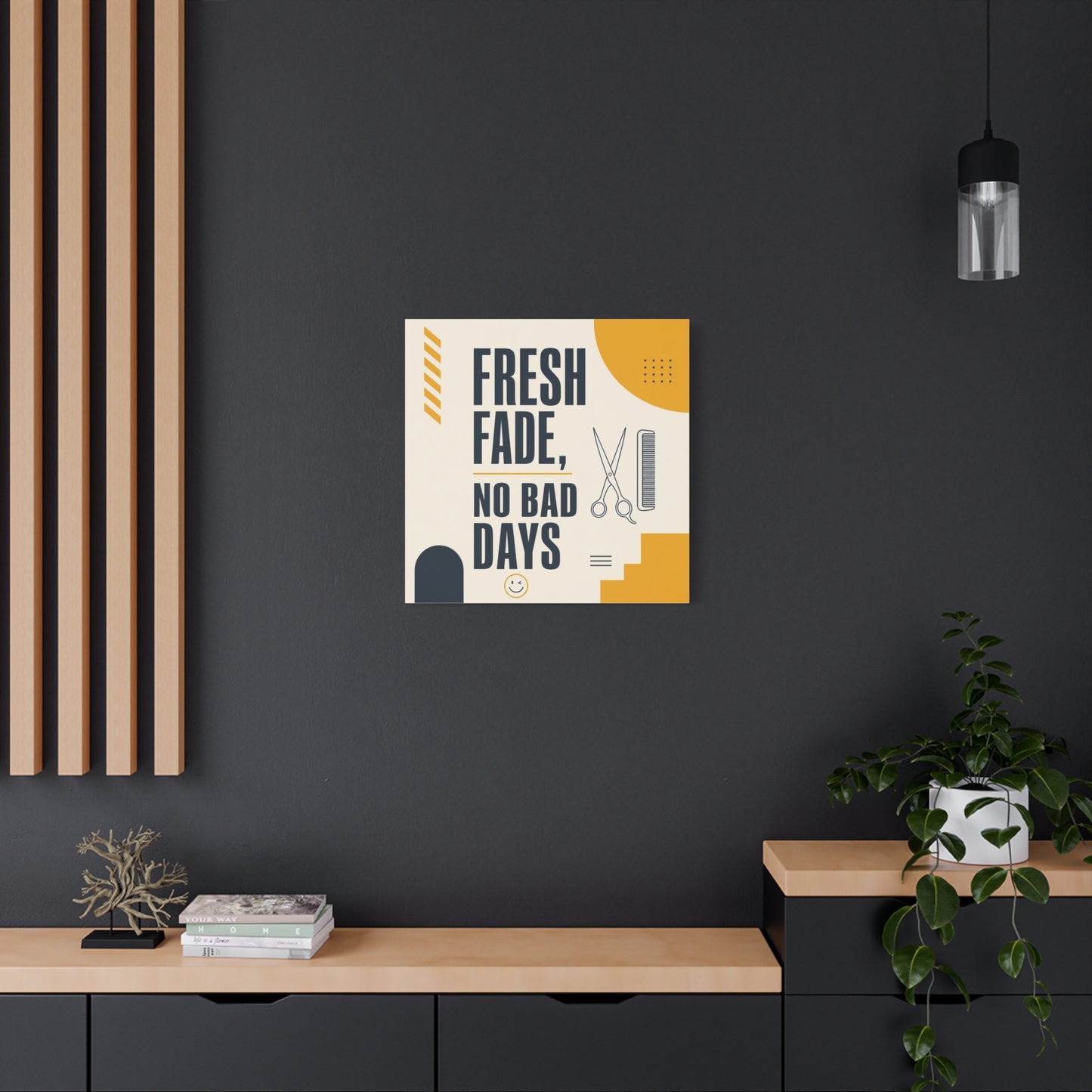 "Fresh Fade, No Bad Days" Barber Shop Canvas Wall Art - Scissors And Comb Typography Print - Modern Yellow Black Salon Decor - Workspace Wall Decor, Lobby Wall Art Accent - Gallery Wrapped Canvas