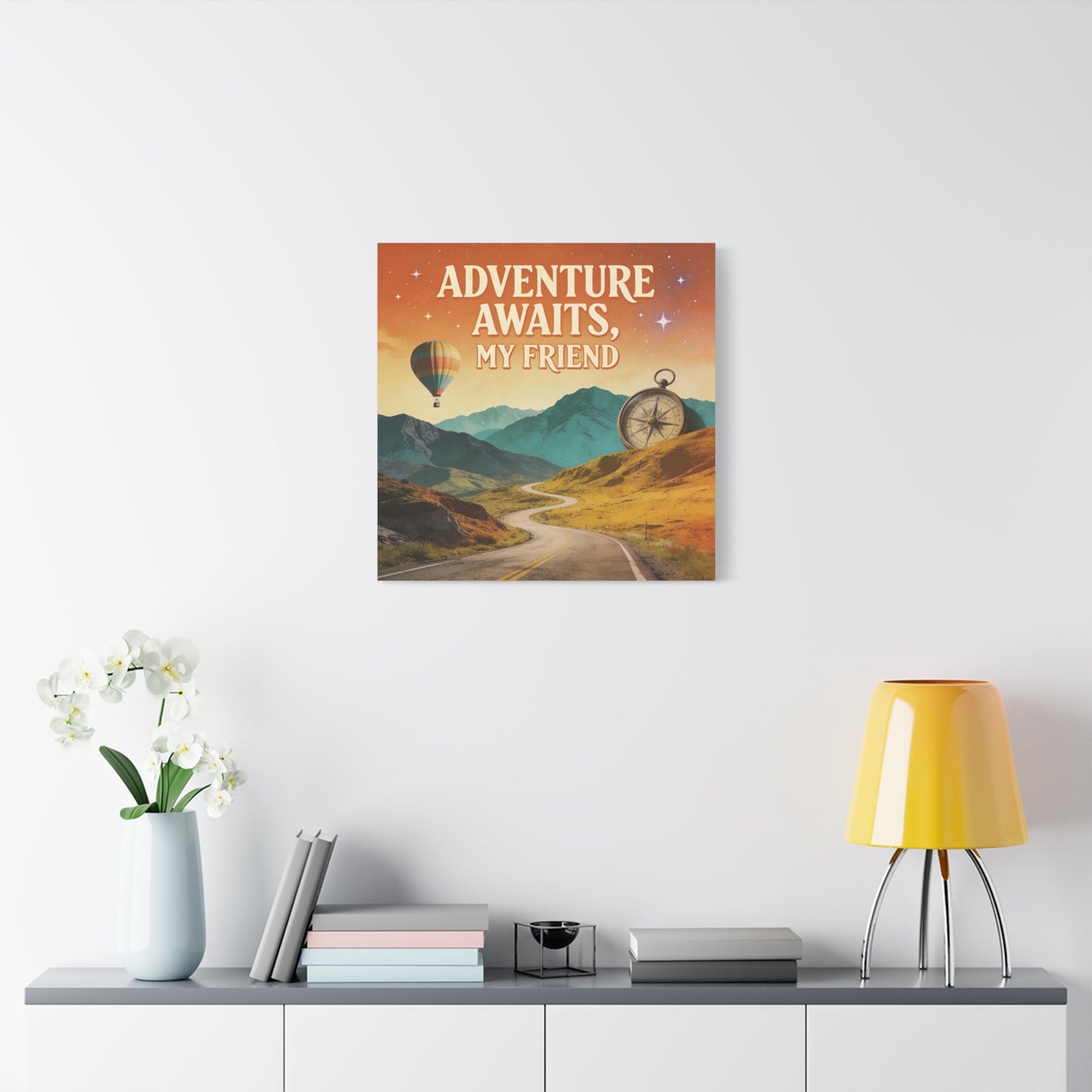 "Adventure Awaits, My Friend" Inspirational Canvas Art Print - Mountain Road, Hot Air Balloon, Compass - Vintage Travel Style, Office Decor, Workspace Accent, Lobby Display, Motivational Art