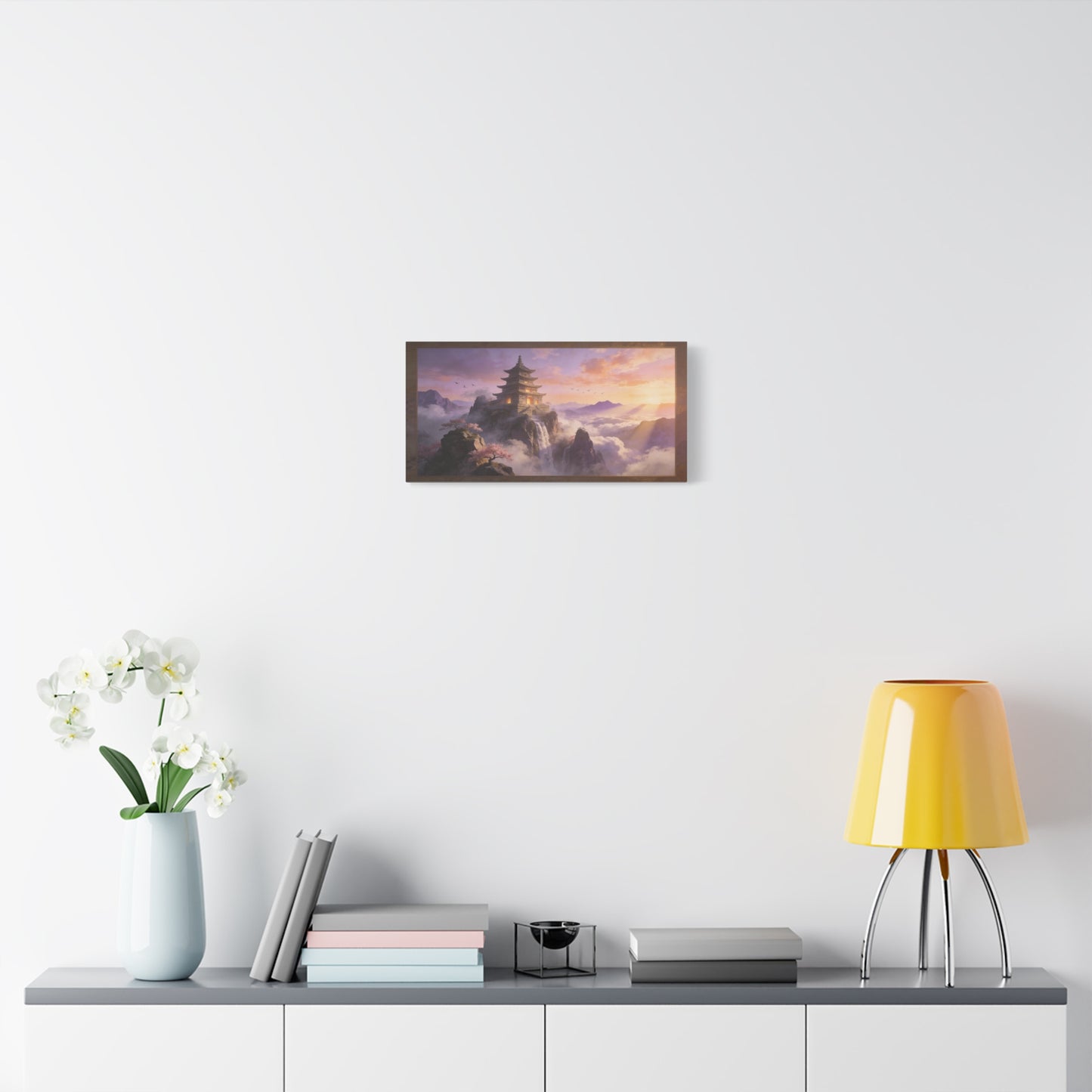 Mountain Pagoda Canvas Wall Art - Misty Sunrise Temple, Waterfall And Cherry Blossoms - Framed Landscape Print, Serene Traditional Style - Living Room Wall Decor, Bedroom Decoration - Ready to Hang