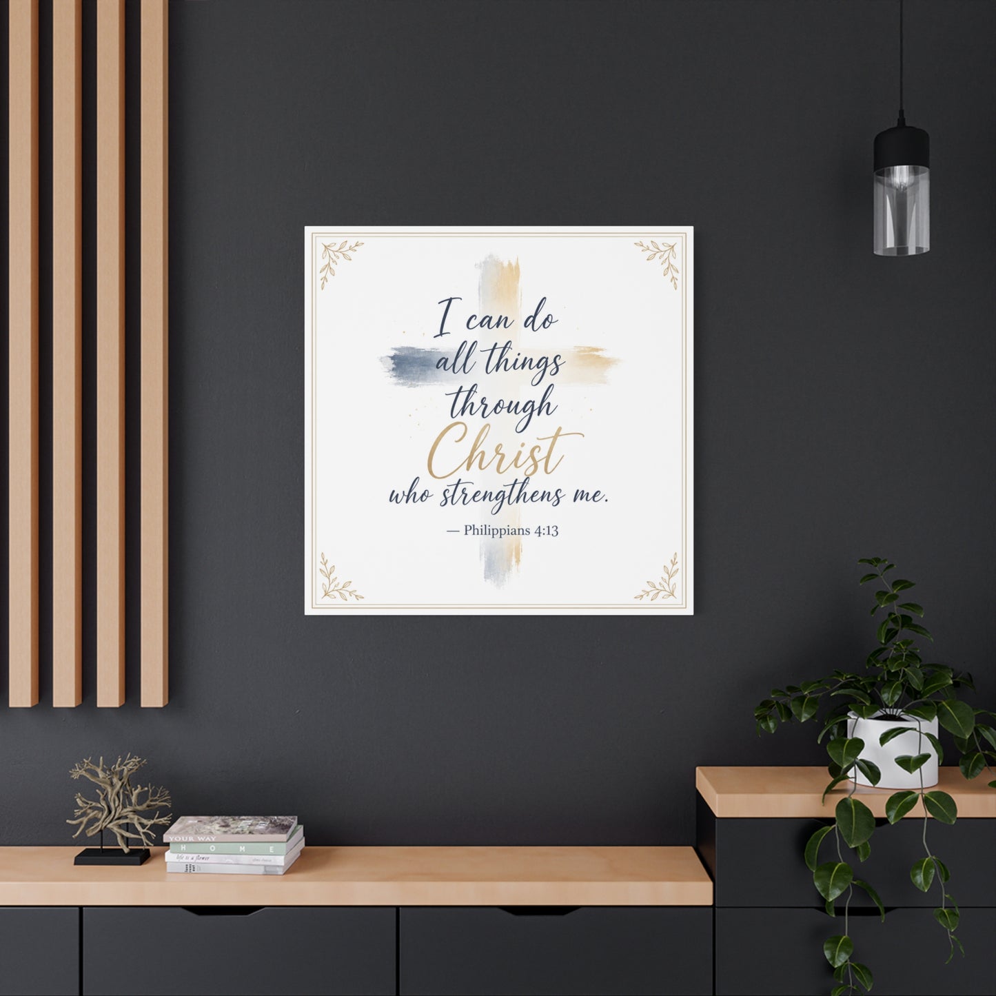 "I Can Do All Things Through Christ Who Strengthens Me. - Philippians 4:13" Christian Canvas Wall Art - Blue And Gold Scripture Quote Print - Traditional Typography - Bedroom Decor - Office Wall Art
