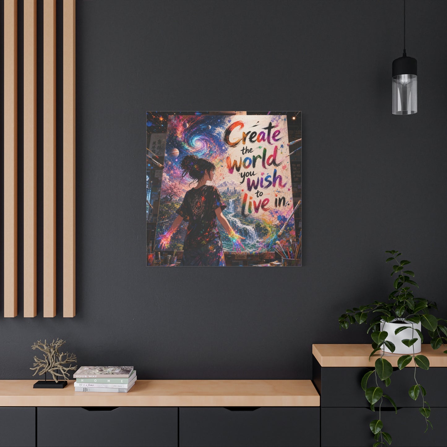 "Create The World You Wish To Live In" Inspirational Canvas Wall Art - Colorful Cosmic Artist Girl Quote Print - Modern Typography Decor - Bedroom Home Decoration, Creative Office Accent