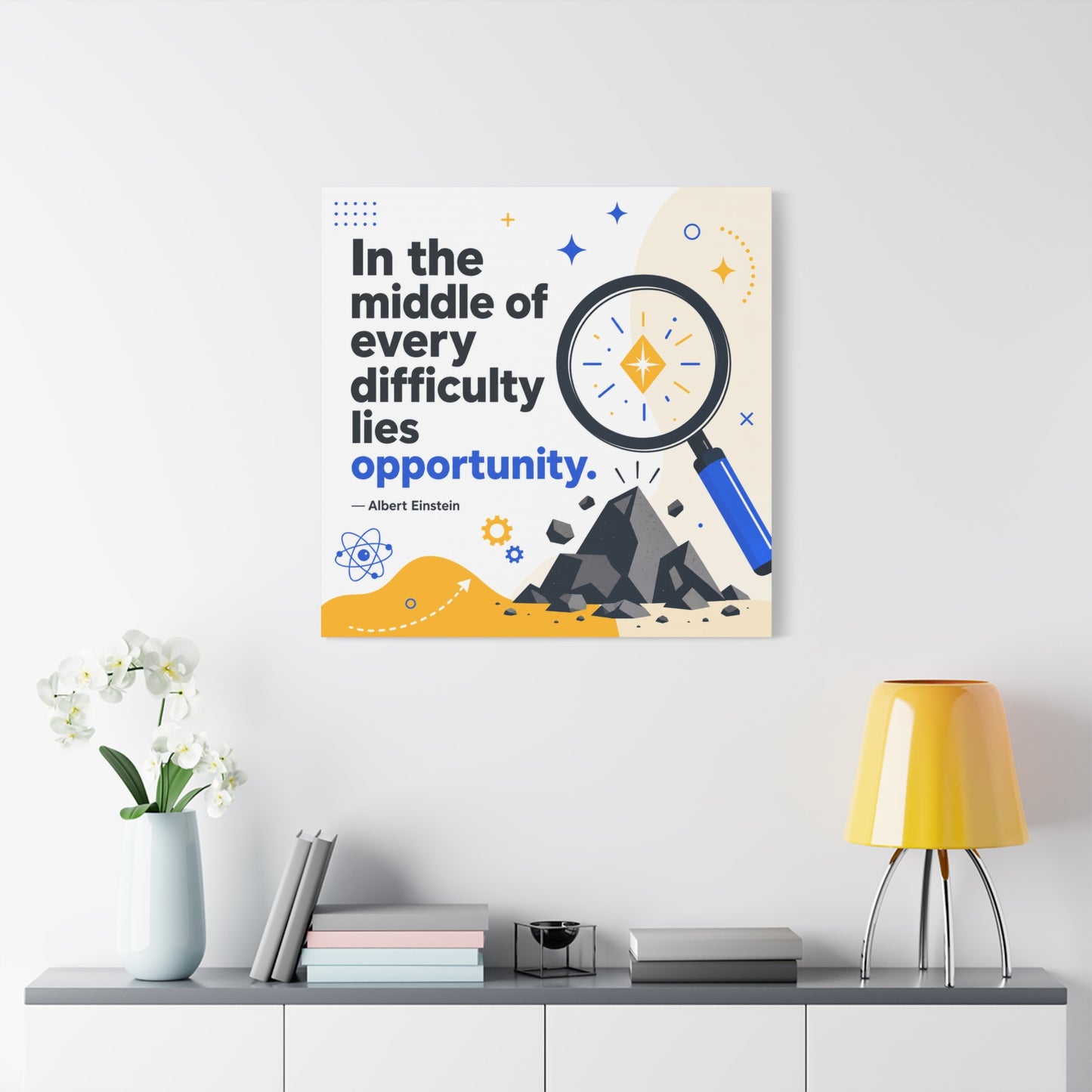 "In The Middle Of Every Difficulty Lies Opportunity." Einstein Canvas Wall Art - Motivational Quote Print, Blue Yellow Modern Typography, Office Decor, Classroom Inspiration, Study Room Accent