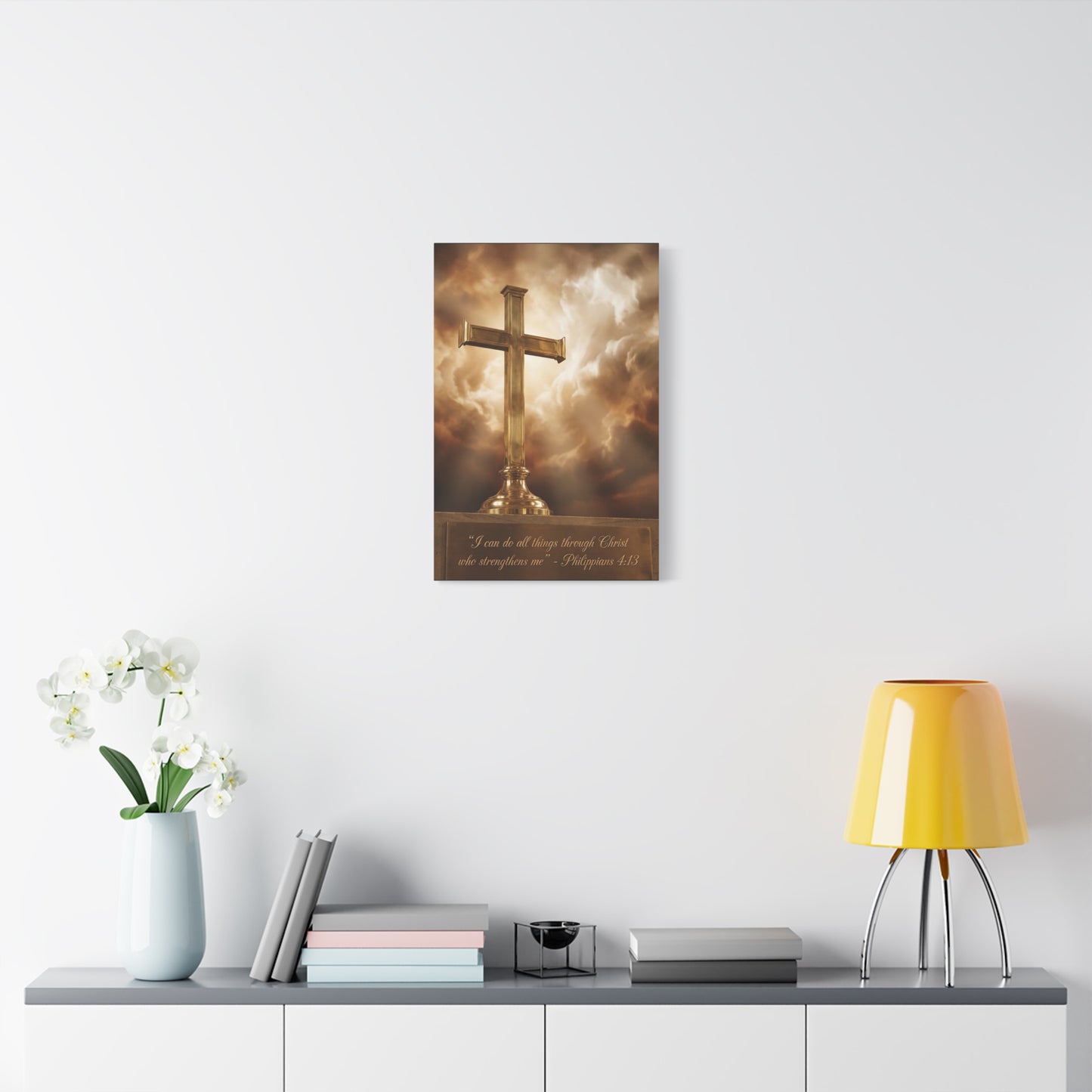 "I Can Do All Things Through Christ Who Strengthens Me" Christian Canvas Wall Art - Gold Cross, Philippians 4:13 Scripture Print - Traditional Faith Decor, Bedroom Living Room - Living Room Wall Decor