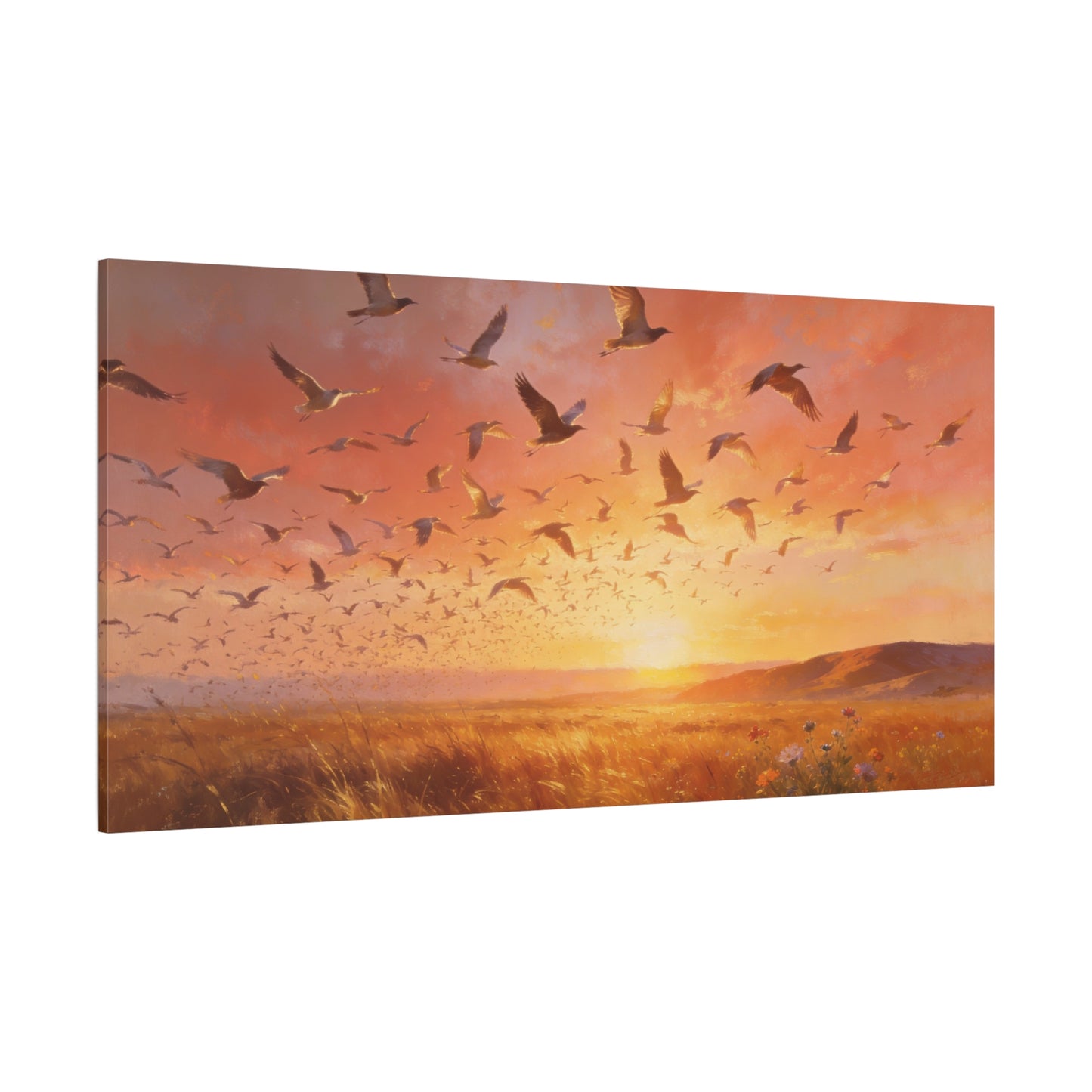 Flock Of Seabirds Canvas Wall Art - Sunset Meadow Landscape Print, Warm Golden Sky, Painterly Nature Scene - Contemporary Style - Living Room Wall Decor Bedroom Decoration - Bedroom Home Decoration