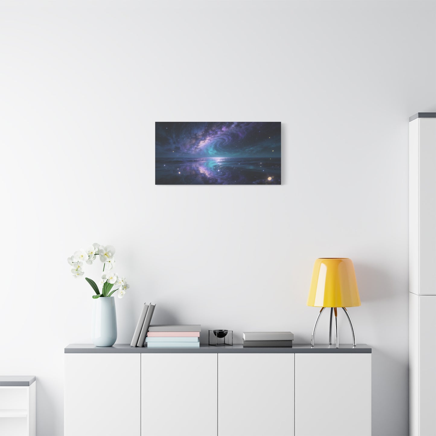 Galaxy Ocean Canvas Wall Art - Swirling Milky Way Night Seascape, Celestial Horizon Reflection - Matte Cotton Art Print - Contemporary Space Decor For Living Room Bedroom Office - Ready to Hang