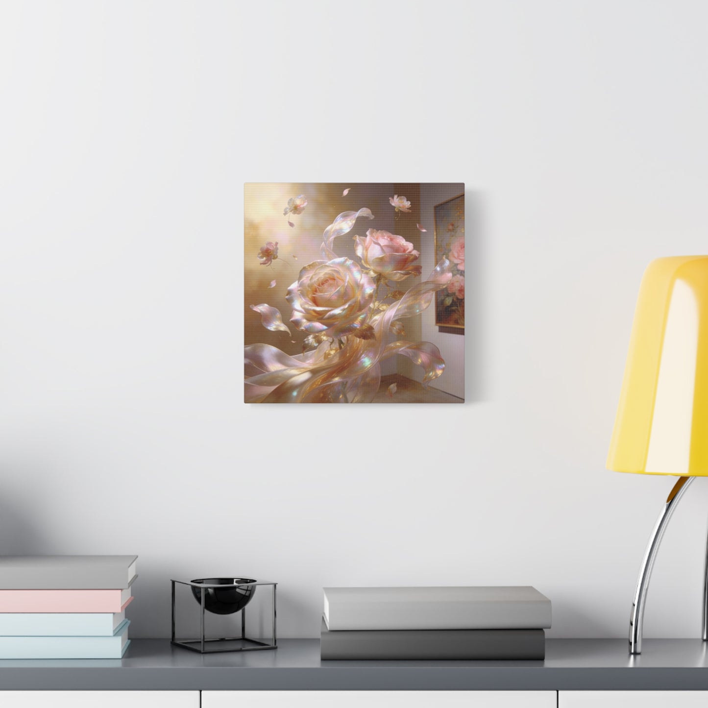 Iridescent Pink Rose Canvas Wall Art - Pearlescent Floral Wall Decor, Dreamy Botanical Home Decoration - Luminous Matte Canvas Print - Romantic Contemporary Style, Bedroom Accent - Ready to Hang