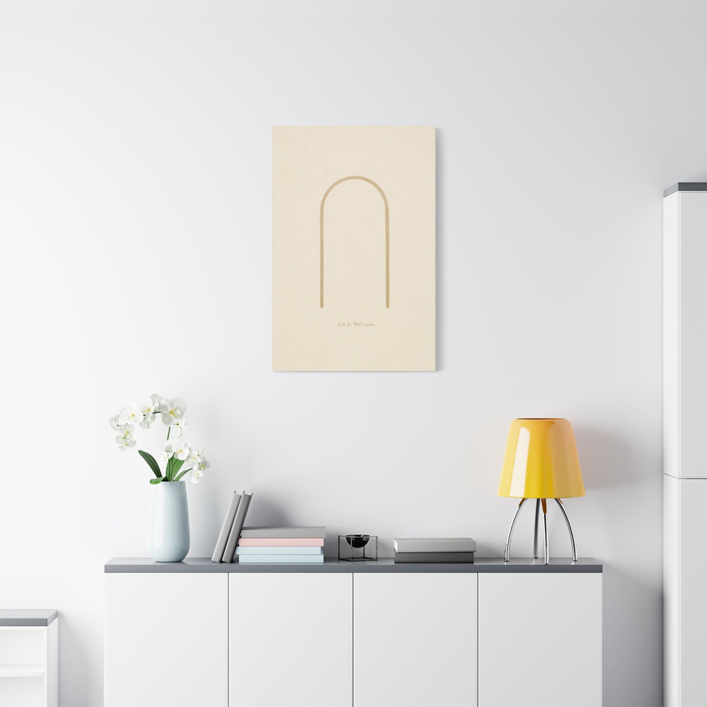 "All Is Welcome" Minimalist Arch Canvas Wall Art - Neutral Beige Line Print, Contemporary Typography Decor - Calming Bedroom Home Decoration, Living Room Wall Decor - Ready to Hang - Ready to Hang
