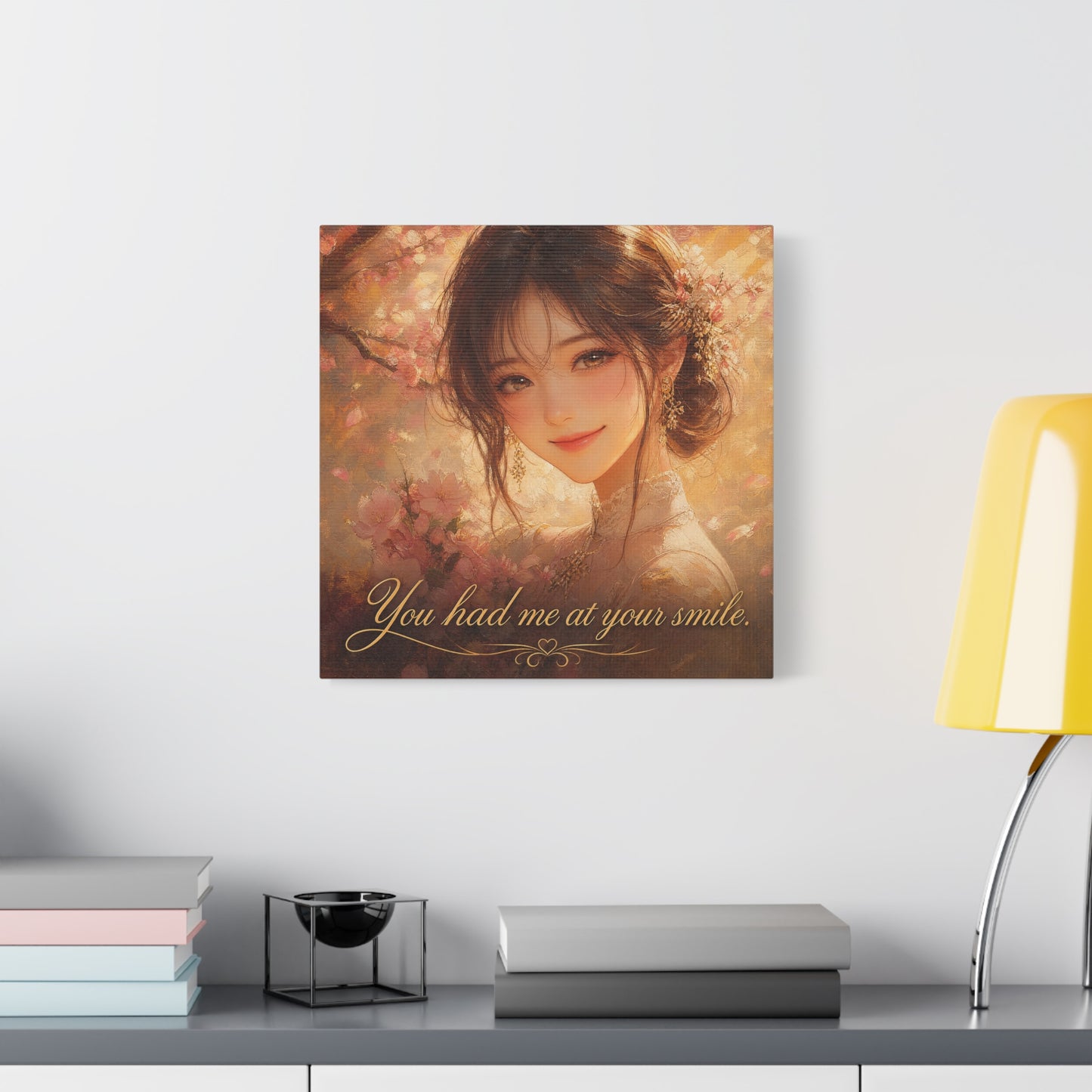 You Had Me At Your Smile Portrait Canvas Wall Art - Romantic Floral Woman Quote Print - Golden Blush Illustration - Traditional Style Living Room Decor - Ready to Hang - Living Room Wall Decor