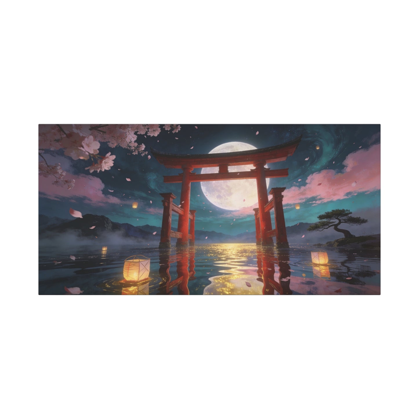 Japanese Torii Gate Canvas Wall Art - Moonlit Lake, Cherry Blossom Petals - Contemporary Fantasy Landscape - Living Room Wall Decor, Bedroom Home Decoration, Meditation Space - Bedroom Home Decoration
