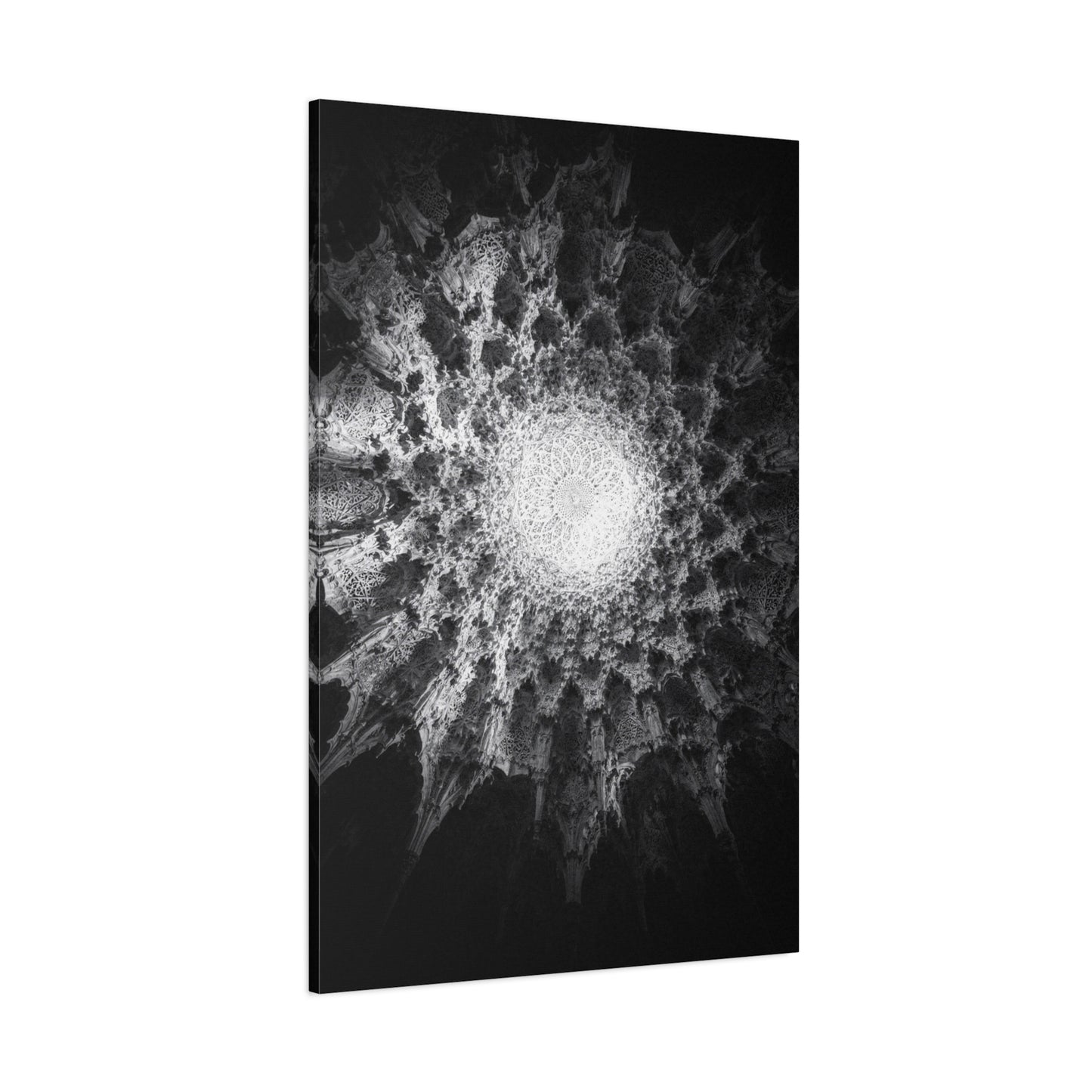Abstract Black White Canvas Wall Art - Monochrome Fractal Mandala Design, Architectural Spiral Light - Matte Cotton Art Print - Contemporary Decor For Living Room, Bedroom, Office Accent