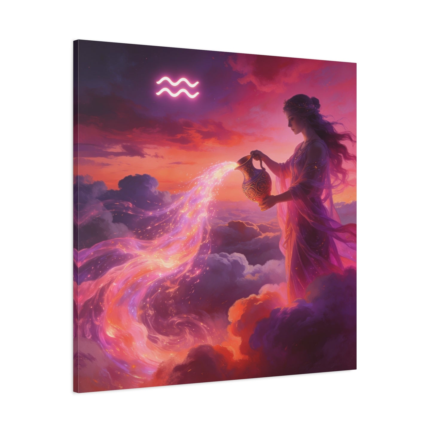 Aquarius Goddess Canvas Wall Art - Zodiac Woman Pouring Celestial Water, Fantasy Sky Illustration - Pink Purple Matte Canvas Print - Bedroom Wall Decor, Bohemian Home Accent - Bedroom Home Decoration