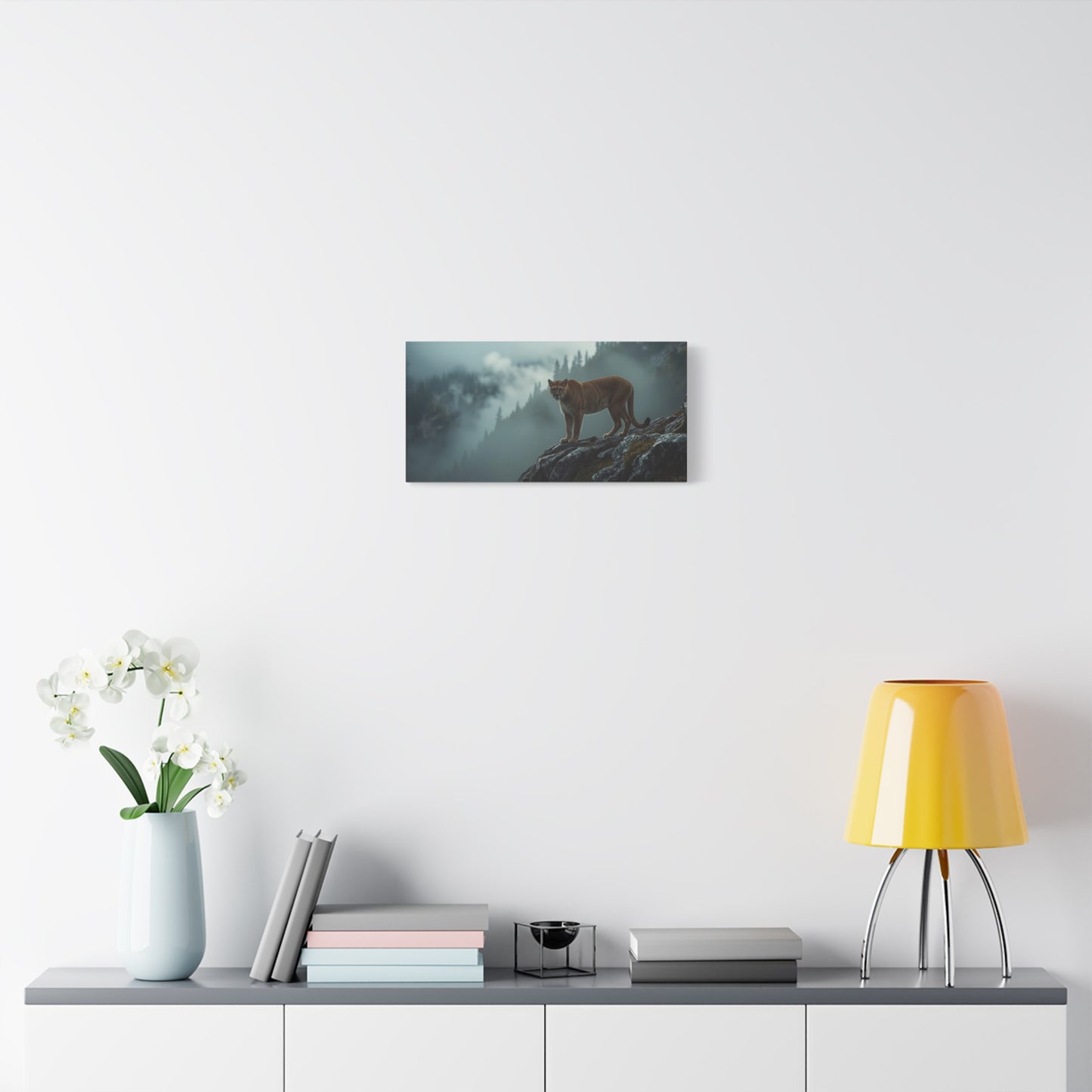 Mountain Lion Canvas Wall Art - Misty Forest Wildlife Landscape, Matte Canvas Print - Moody Contemporary Nature Decor - Living Room Wall Decor, Office Art, Rustic Lodge Accent - Modern Farmhouse Style