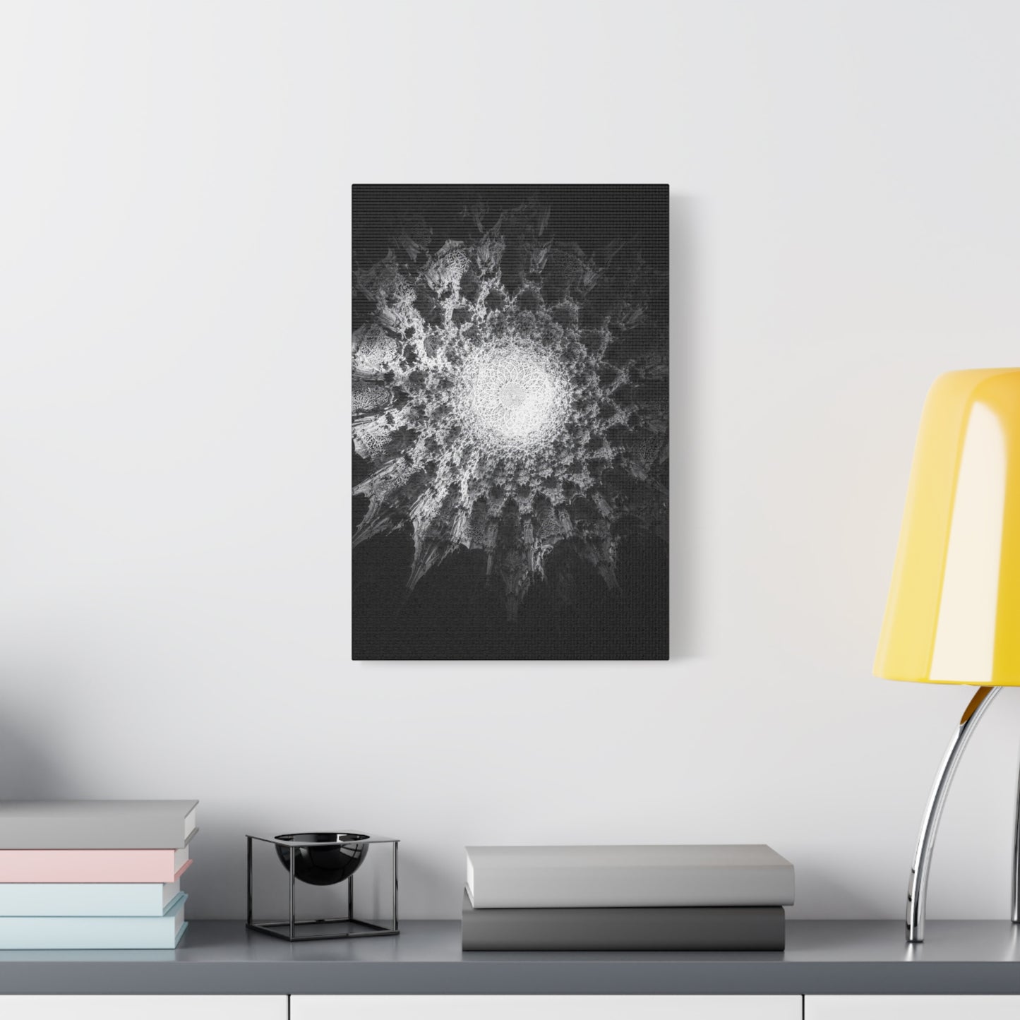 Abstract Black White Canvas Wall Art - Monochrome Fractal Mandala Design, Architectural Spiral Light - Matte Cotton Art Print - Contemporary Decor For Living Room, Bedroom, Office Accent