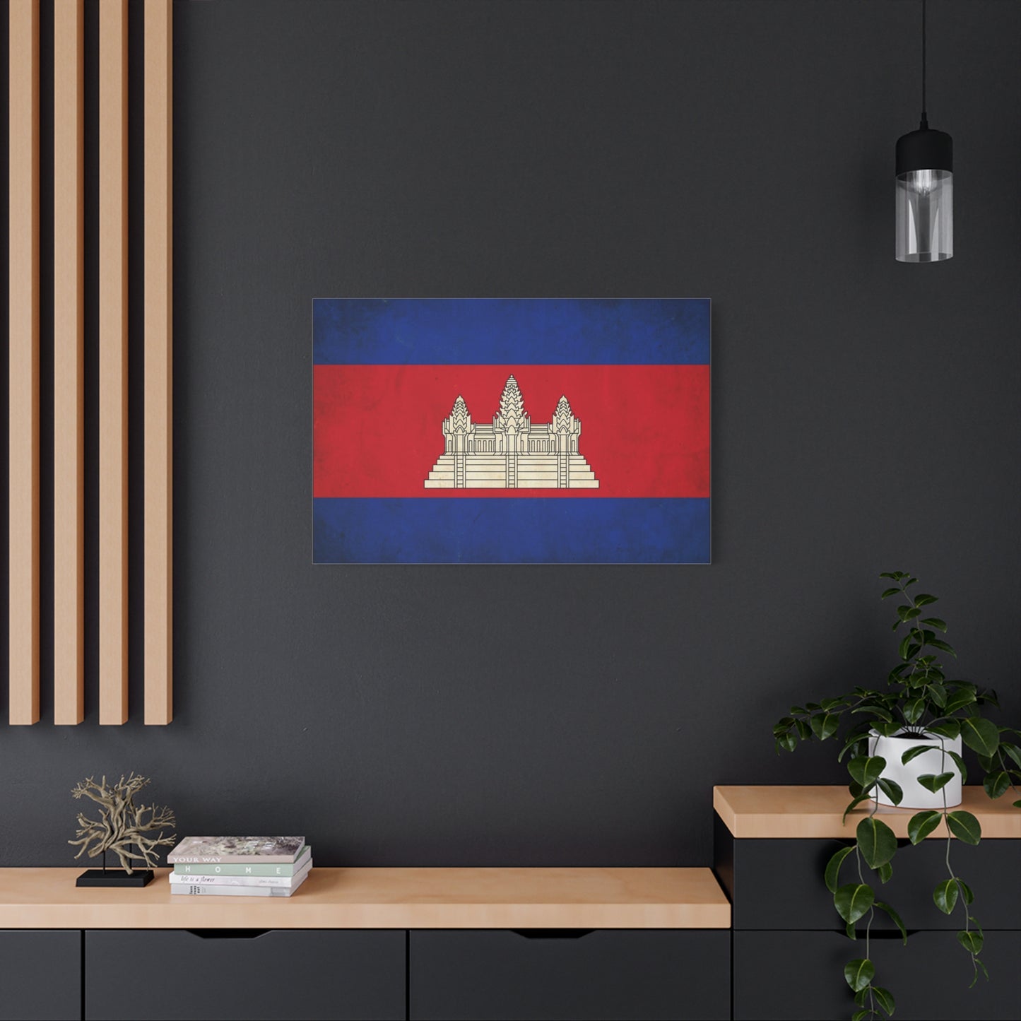 Cambodia Flag Canvas Wall Art - Khmer Temple Emblem Patriotic Print, Vintage National Decor - Textured Red Blue Banner Style - Living Room Wall Decor - Bedroom Home Decoration - Modern Farmhouse Style