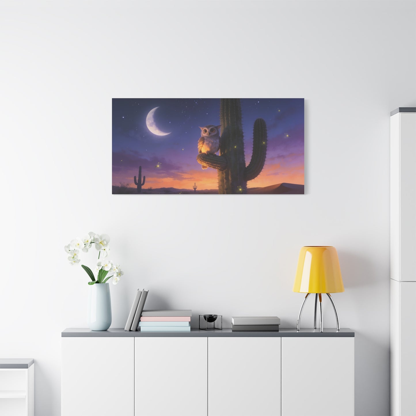 Owl On Saguaro Cactus Canvas Wall Art - Moonlit Desert Night Sky, Fireflies, Twilight Landscape - Matte Cotton Print - Contemporary Wildlife Style - Bedroom Living Room Decor - Living Room Wall Decor