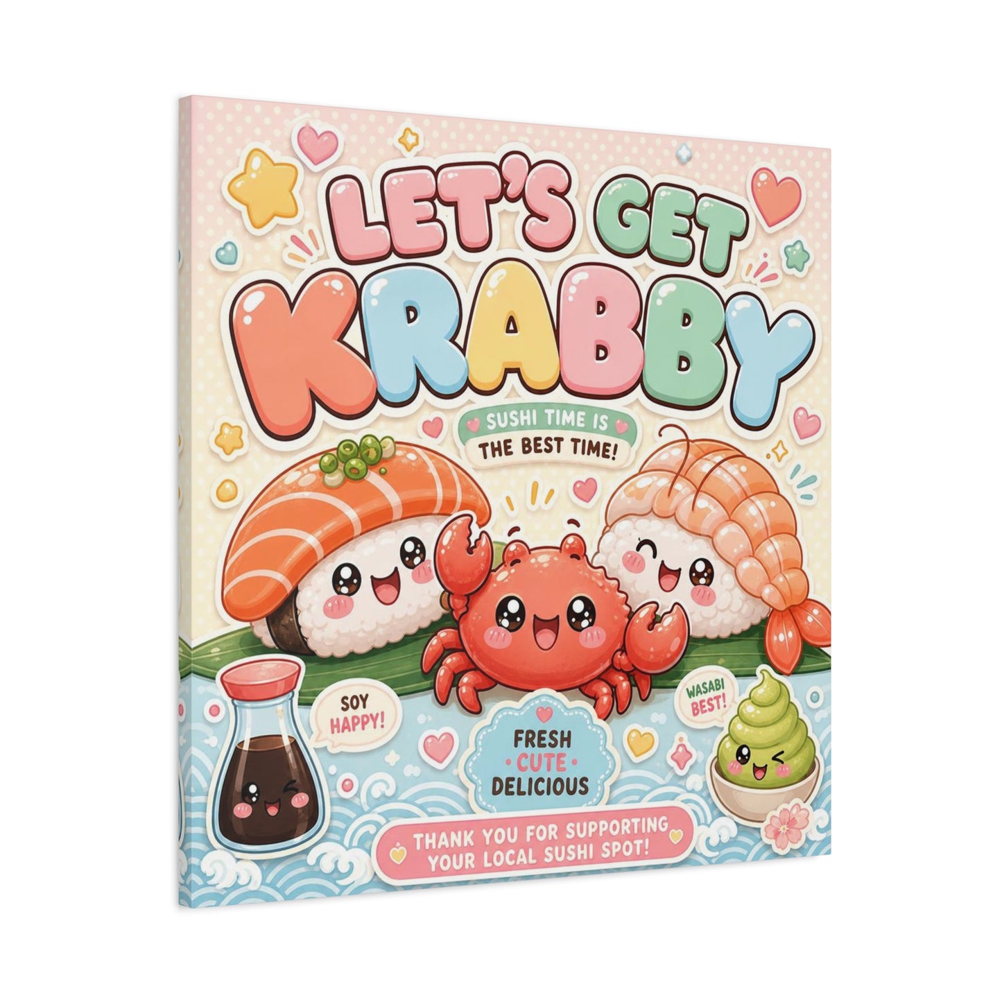 "Let's Get Krabby" Sushi Quote Canvas Wall Art - Kawaii Salmon Nigiri Shrimp Crab Illustration - Pastel Typography - Cafe Wall Decor, Restaurant Wall Hanging, Cute Food Sign - Reception Area Decor