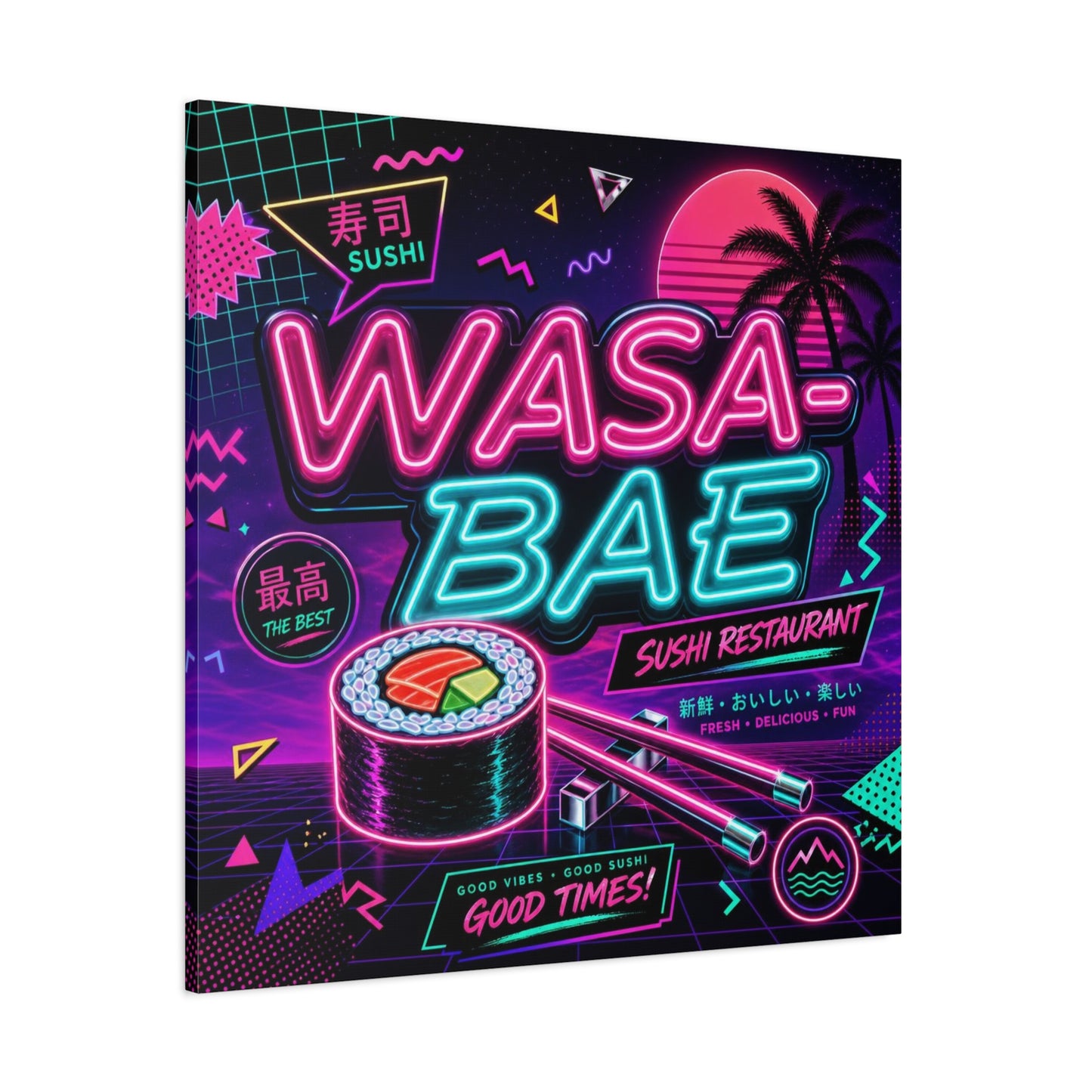 "WASA-BAE" Sushi Canvas Print - Neon Japanese Restaurant Sign, Retro Vaporwave Illustration - Matte Cotton Decor, Cafe Wall Accent, Dining Space Artwork, Lounge Interior Style - Office Wall Art