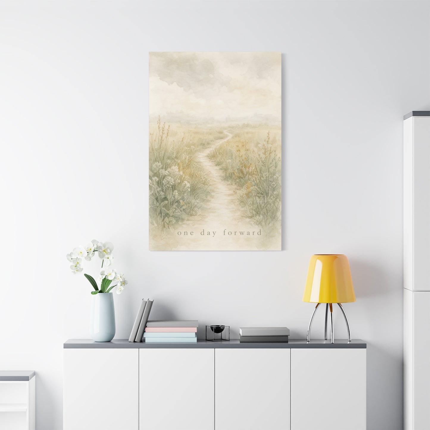 "One Day Forward" Inspirational Canvas Wall Art - Soft Meadow Path Watercolor Print, Neutral Sage Beige Botanical Landscape, Bedroom Wall Decor, Meditation Space Home Decoration - Ready to Hang