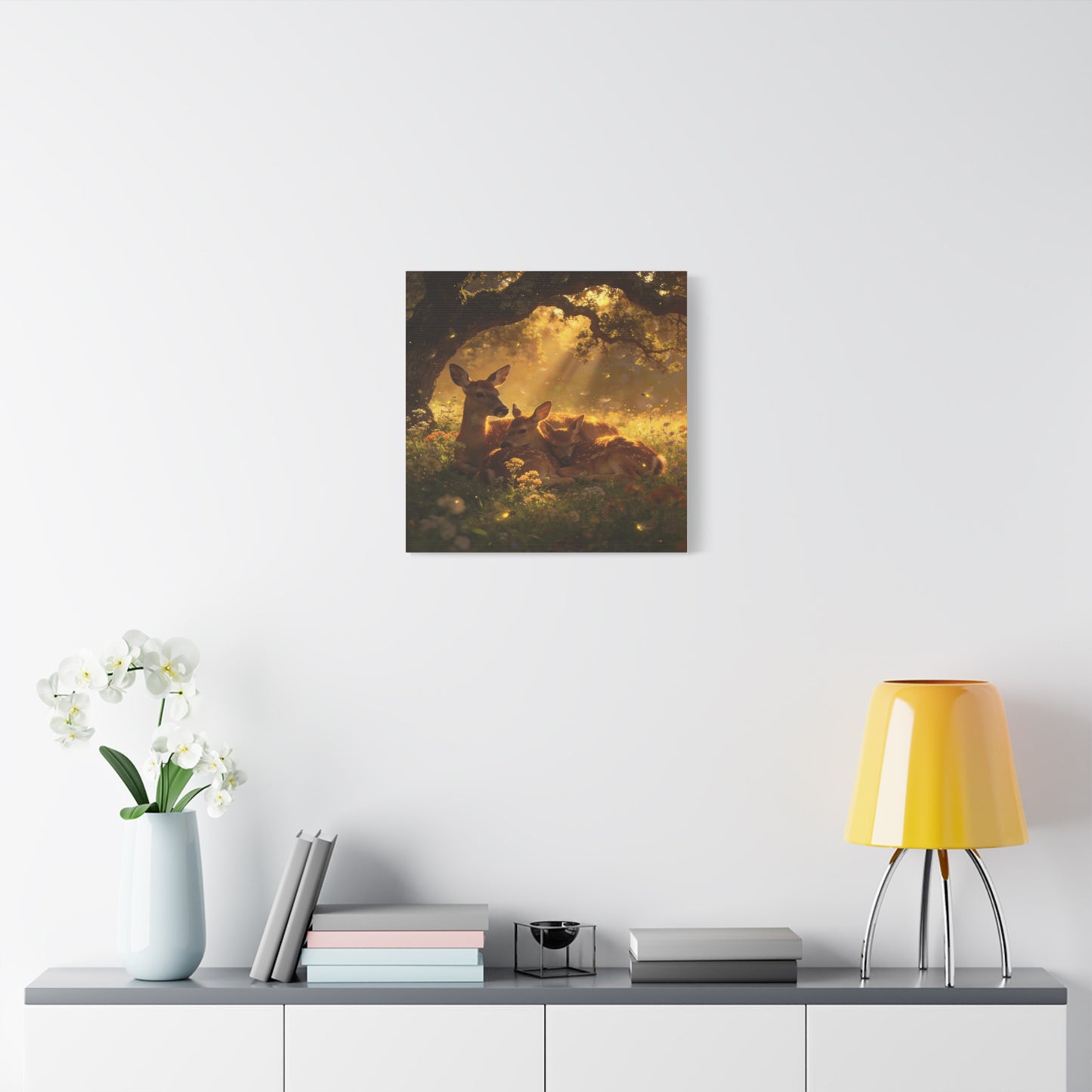 Doe And Fawns Canvas Wall Art - Woodland Deer Family In Golden Light, Whimsical Nature Scene - Matte Finish Cotton Print - Rustic Traditional Style - Bedroom Wall Decor - Bedroom Home Decoration
